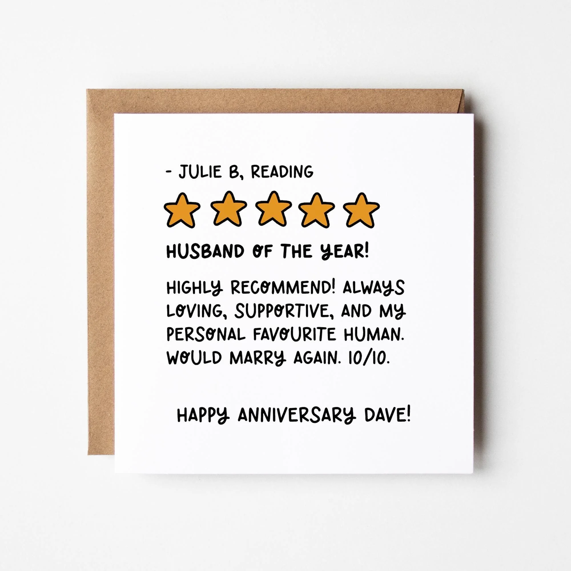 Husband Anniversary Card, Personalised 5 Star Review With Kraft Envelope