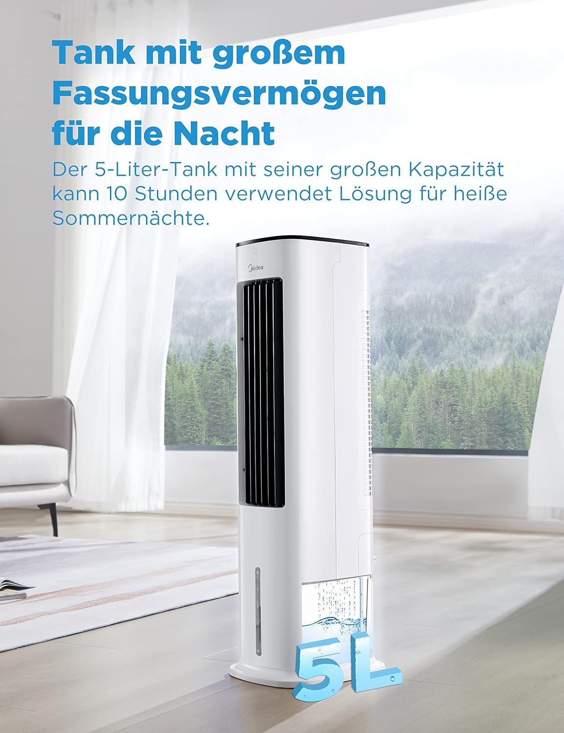 Midea Luftkühler mit Wasserkühlung, Klimaanlage Mobil, Ventilator mit 5L Wasserkühlung, Luftbefeuchter und Ionisation, Klimaanlage Ohne Abluftschlauch, 355m³/h, Ventilator mit Fernbedienung,55W,Weiß