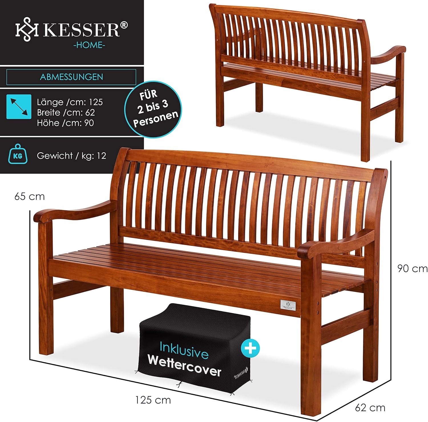 KESSER® Gartenbank Holz Holzbank wetterfest | Für 2 bis 3 Personen | Parkbank aus Massivholz | Sitzbank 320kg belastbar 125 cm | Balkonbank Bank für Balkon Terrasse & Garten inkl. Cover Dunkelbraun