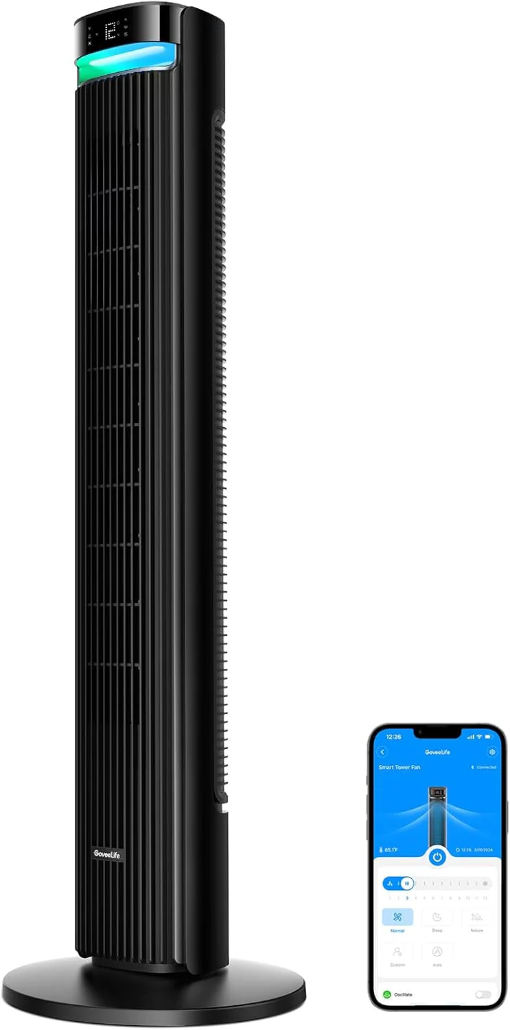 GoveeLife halk ventilátor, 12 sebesség 8 m/s-ig, 5 üzemmód, 24 órás időzítő, intelligens toronyventilátor 150°-os oszcillációval, APP- és hangvezérlés otthonra, fekete