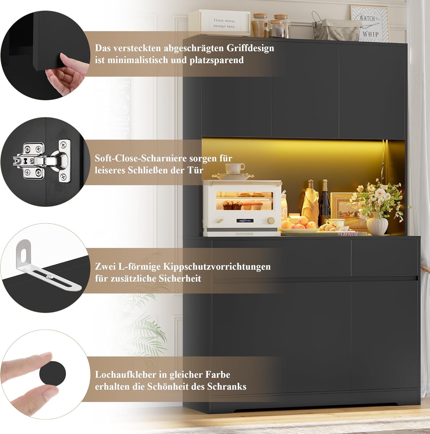 FirFurd Küchenschrank Buffetschrank mit LED und Steckdose Küchenschrank mit Arbeitsplatte Sideboard für Küche Wohnzimmer Esszimmer Küchenbuffet 180x100x38,5cm schwarz