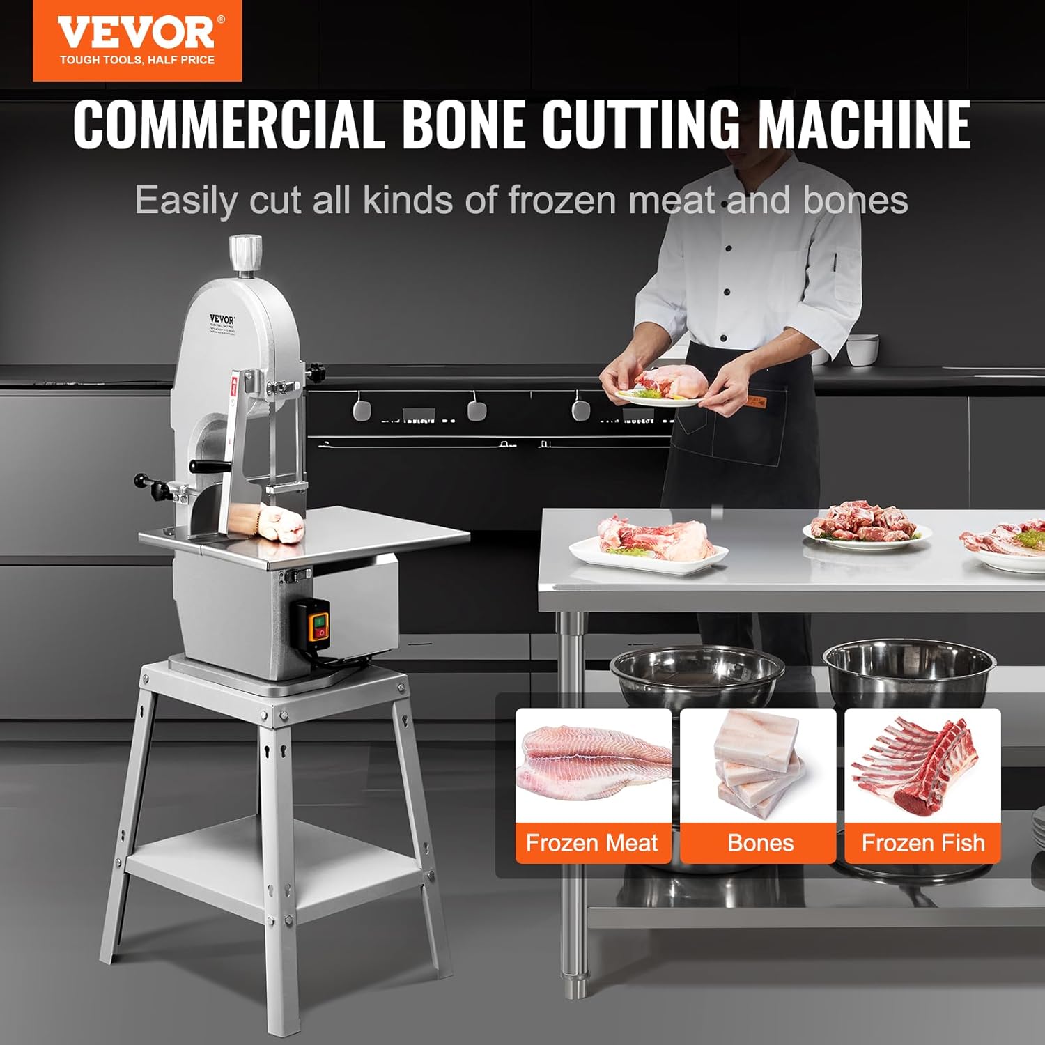 VEVOR Segaossa a Nastro Elettrica Commerciale per Carne 1800W, Banco da Lavoro 380x485mm, Macchina per Tagliare Ossa da Terra Taglierina per Carne con Lama per Costolette di Maiale Uso Commerciale