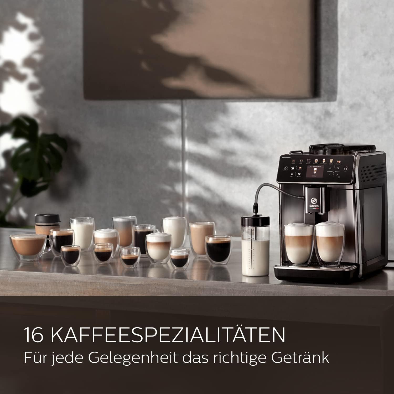 Saeco GranAroma Kaffeevollautomat mit 14 Kaffeespezialitäten, intuitives Farbdisplay, 4 Benutzerprofile, Keramikmahlwerk, Edelstahl-Schwarz (SM6585/00)