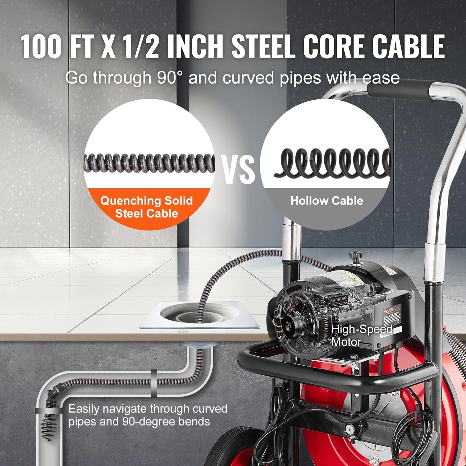 Drain Cleaner Machine 100FT x 1/2 Inch, Auto Feed Sewer Snake Auger on Wheels, 550W Portable Drain Cleaning Machine with 8 Cutters & Air-activated Foot Switch for 2
