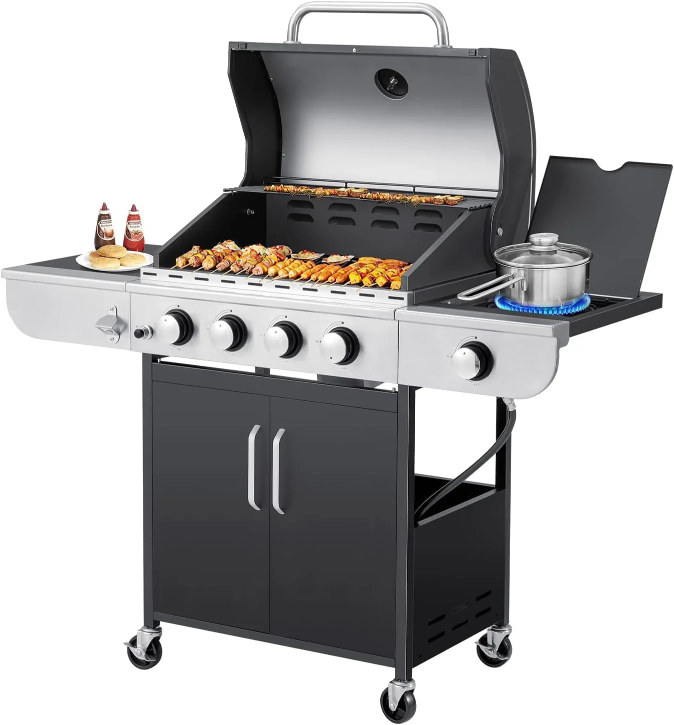 Továbbfejlesztett 4 égős BBQ propán gázgrill öntöttvas rácsokkal és oldalsó tűzhellyel, 44 000 BTU rozsdamentes acél égővel ellátott grillsütő teraszra, kempingezéshez, szabadtéri főzéshez, MELLCOM