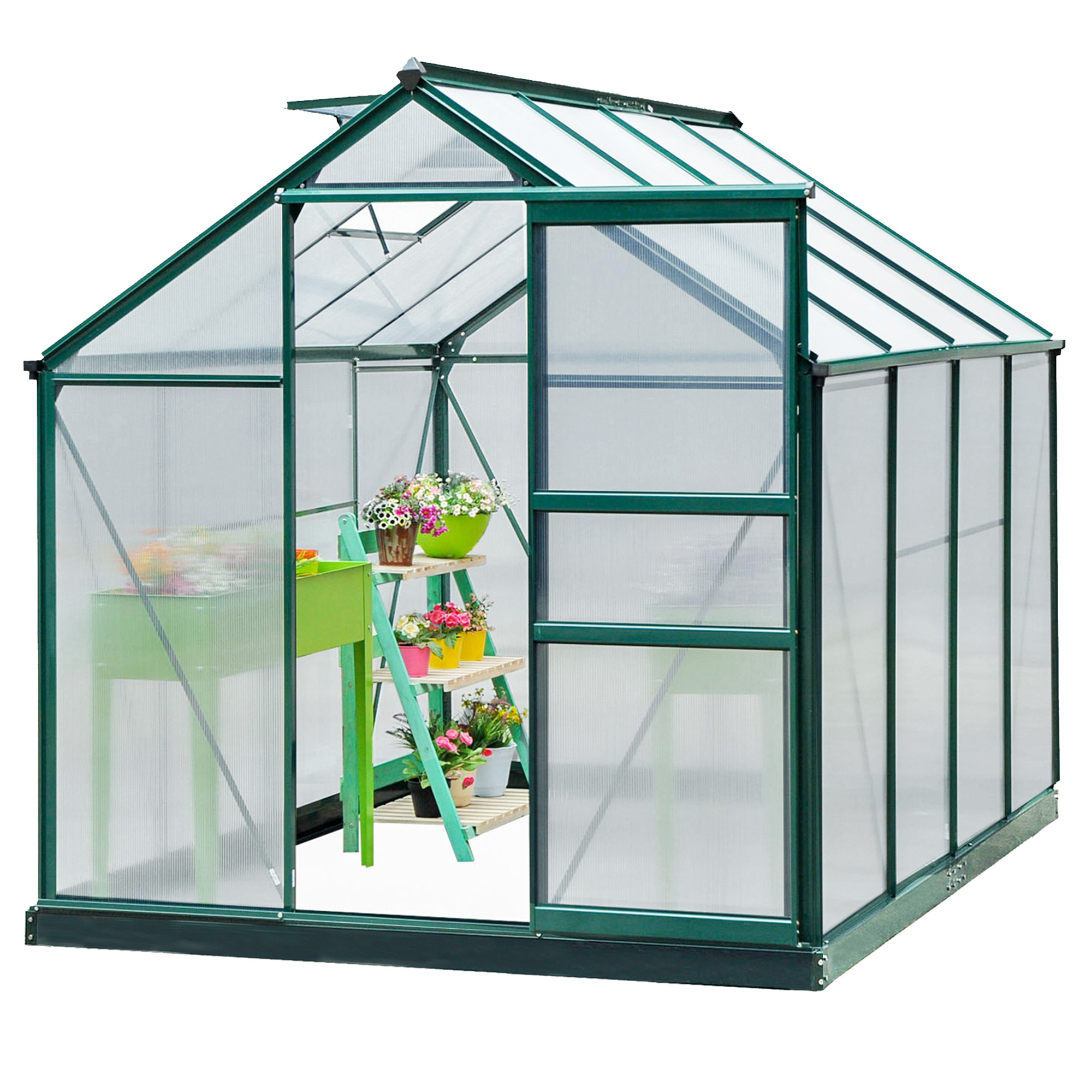 Outsunny kas met polycarbonaat behuizing en dakklep, 190x 252 x 201 cm
