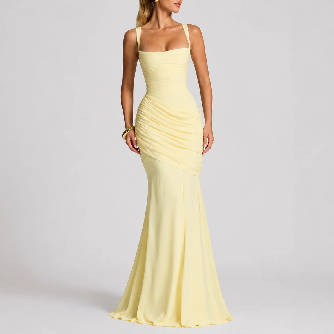 Women��s Maxi Evening Dress with Ruched Waist and Square Neckline