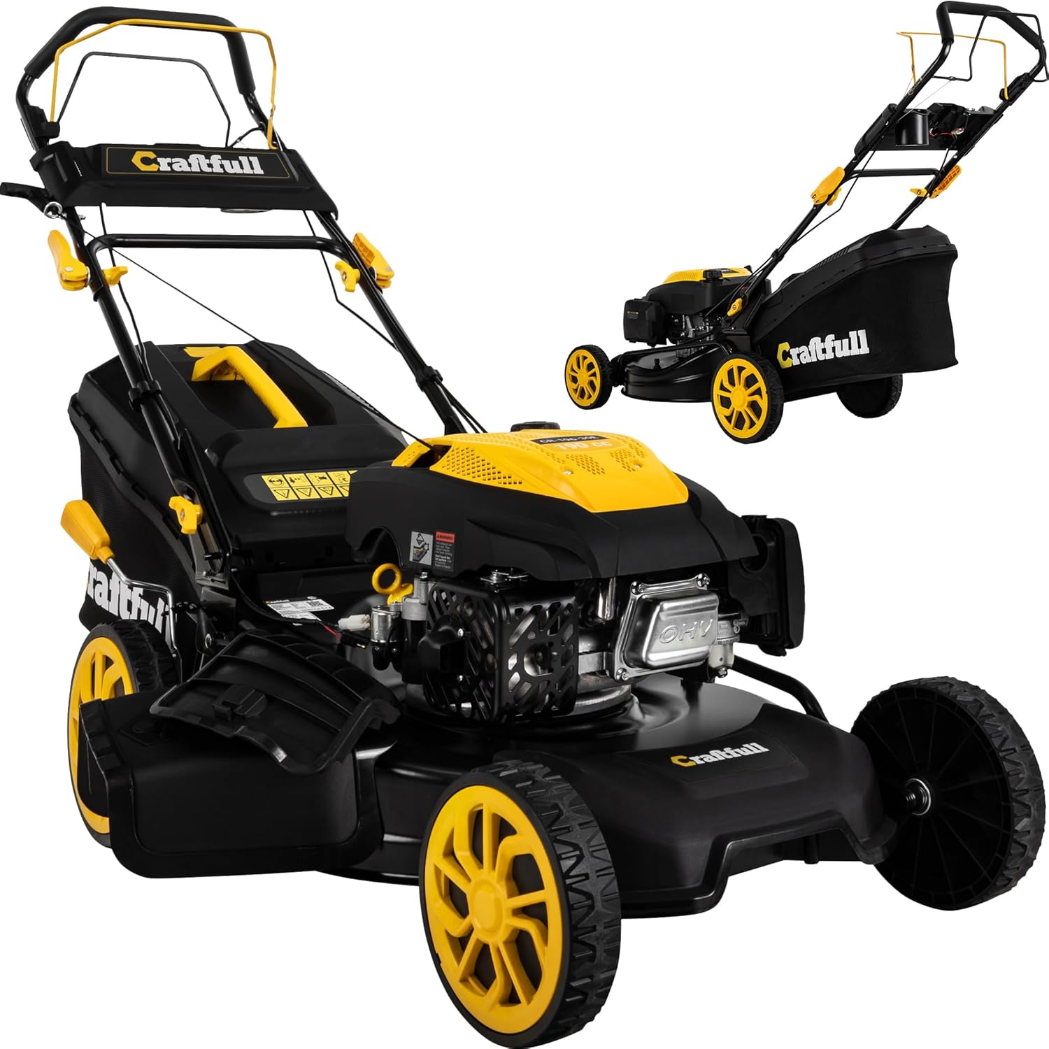 Craftfull Tondeuse Thermique CR-196-30E | 4,4 KW 6 CV | Moteur OHV 190 cm³ | Démarrage électrique – Largeur de Coupe 53 cm, réglable en 7 Positions (CR-196-30E 4,4 KW 6 CV 190 cm³ Jaune)