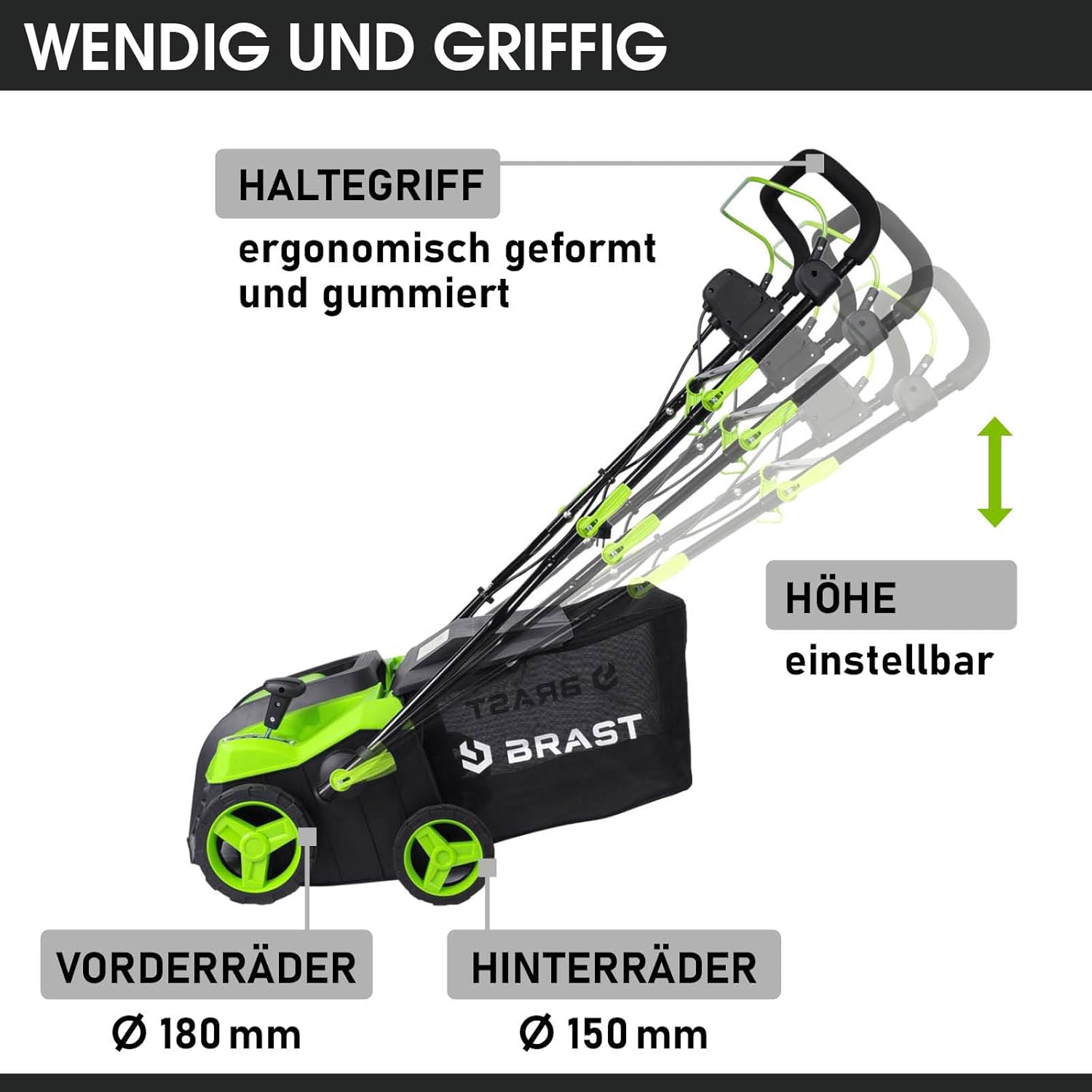 BRAST scarificateur électrique - 1800W largeur de travail 40cm, 2en1 rouleau scarificateur et aérateur, bac 55l - 3 MODÈLES diff. puissances - confortable à manier - scarificateur gazon électrique