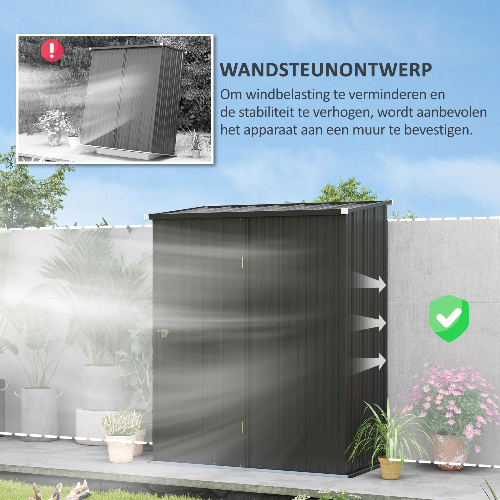 Outsunny Tuinschuur Gereedschapsschuur, afsluitbare deur, weerbestendig, incl. schappen, 161,5 cm x 94,5 cm x 196 cm, Zwart