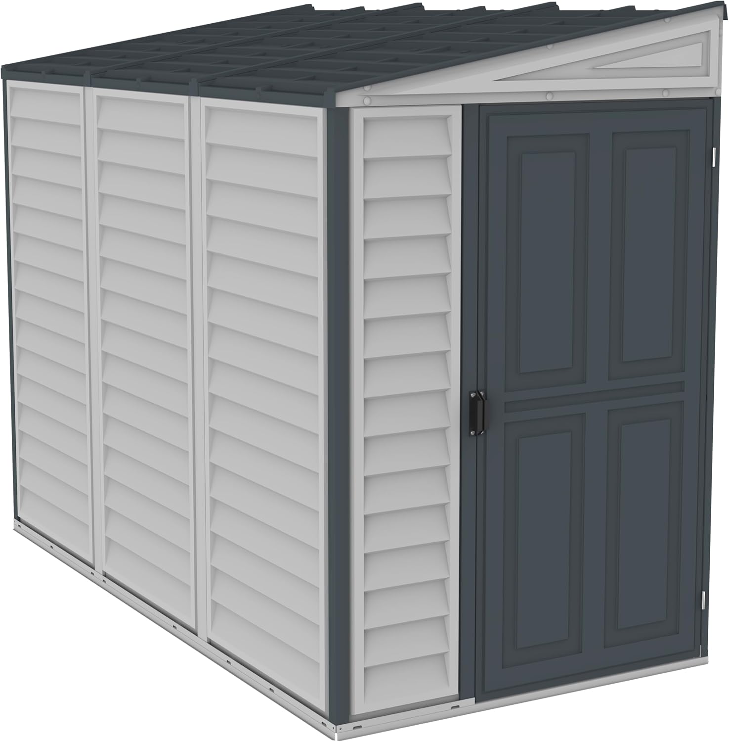Duramax SideMate PLUS 4 x 8 (2.91 m²) abri de jardin en plastique avec kit de fondation en métal, porte réversible, structure de toit en métal robuste, abri en vinyle sans entretien, Gris foncé/ Adobe