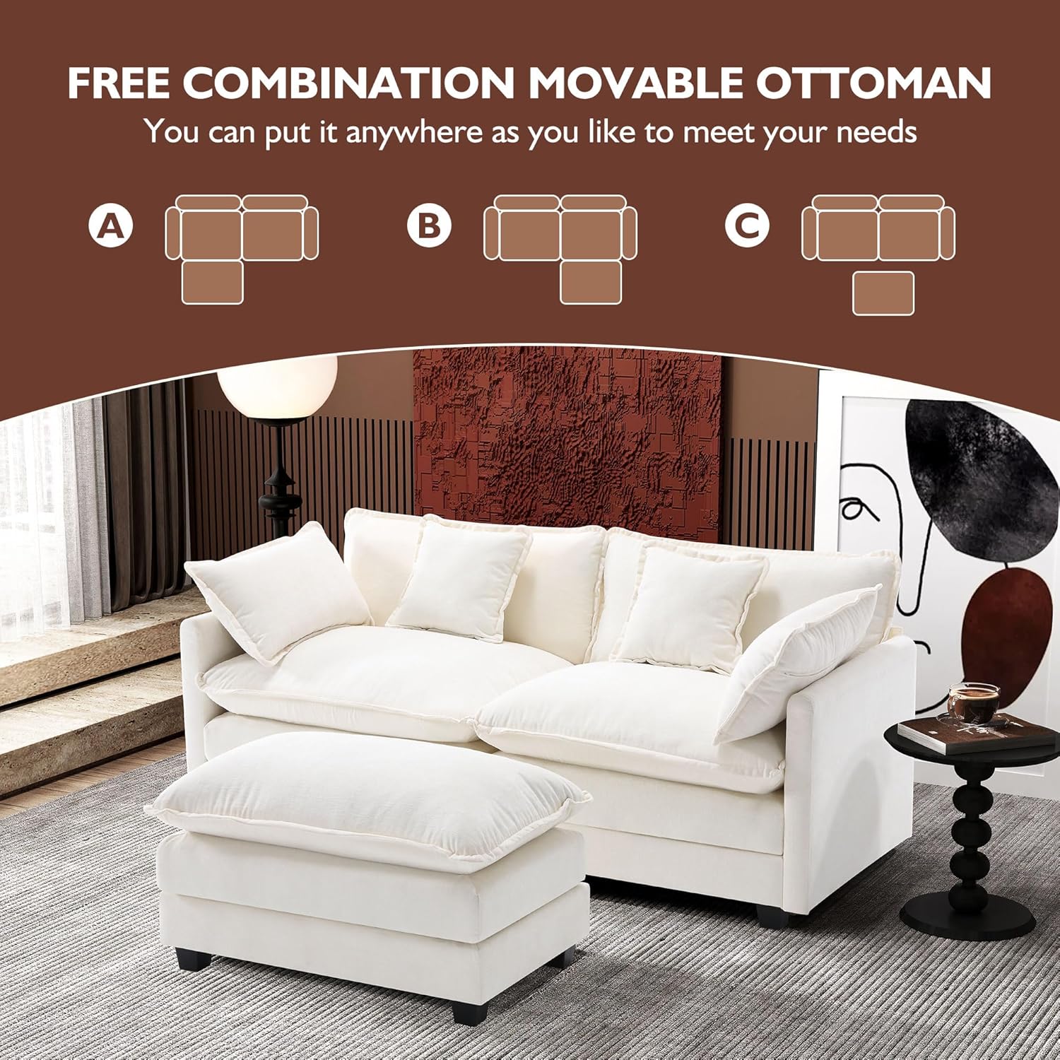 111.4 Inch L-Shaped Modern Sofa Modular Cloud Sofa Ottoman 4-Seater Chenille Deep Seat Sofa