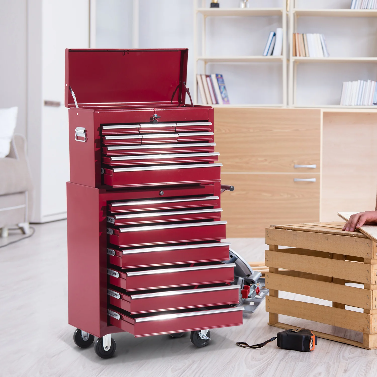 HOMCOM® mobiele werkplaatswagen, afsluitbaar met 16 schuifladen, rood / schuiflade gereedschapwagen wagen met wielen  gereedschapskist (rood)