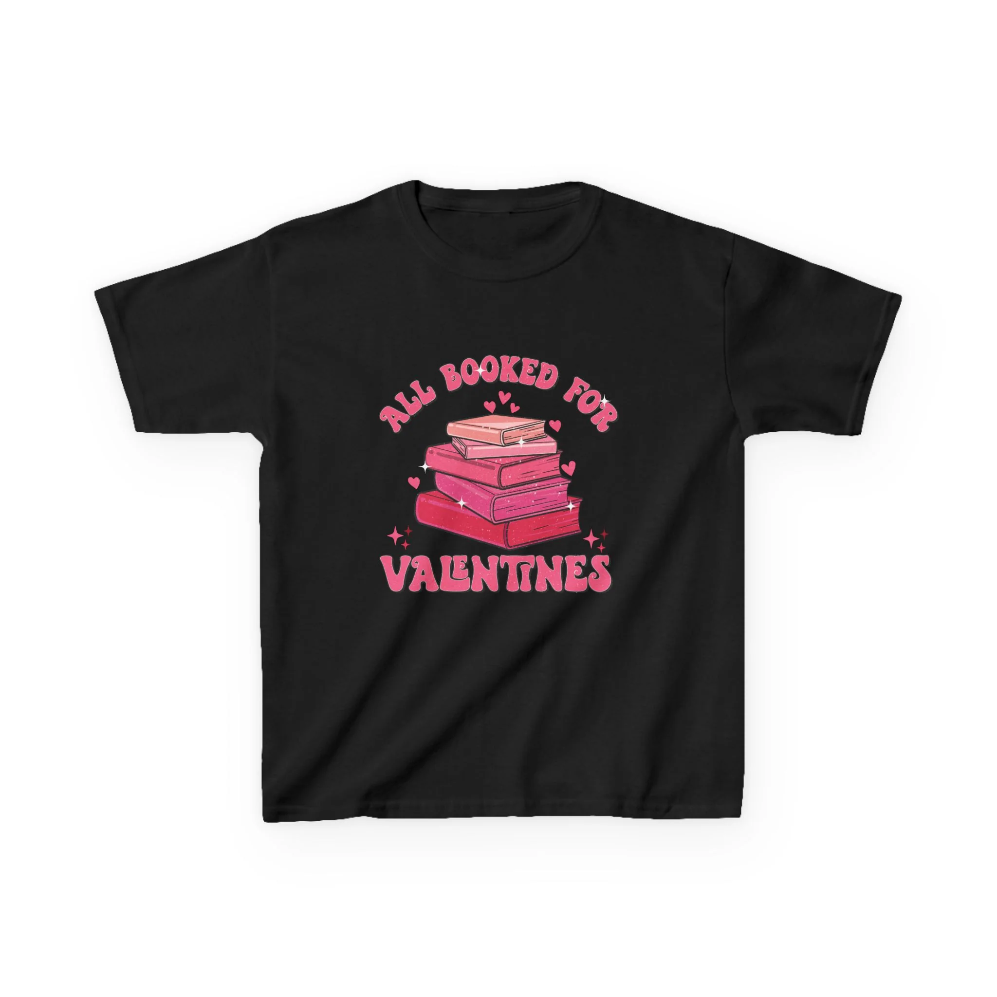 All Booked Up Valentines Kids Tee | Stack of Books, Pink Hearts