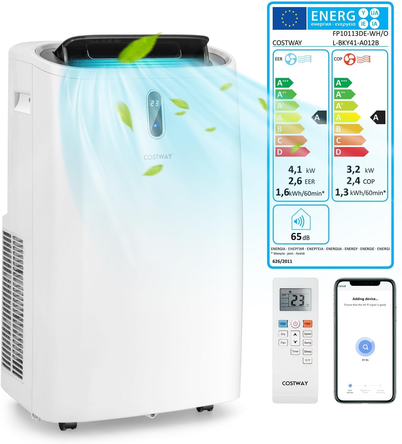 COSTWAY Klimaanlage mobil 14000BTU, Klimagerät mit Abluftschlauch, 5 in 1 Kühlen & Heizen & Entfeuchten & Belüften & Schlafmodus für Räume bis zu 135 m³, Fernbedienung/App, 24H Timer, 4100W, ≤57dB