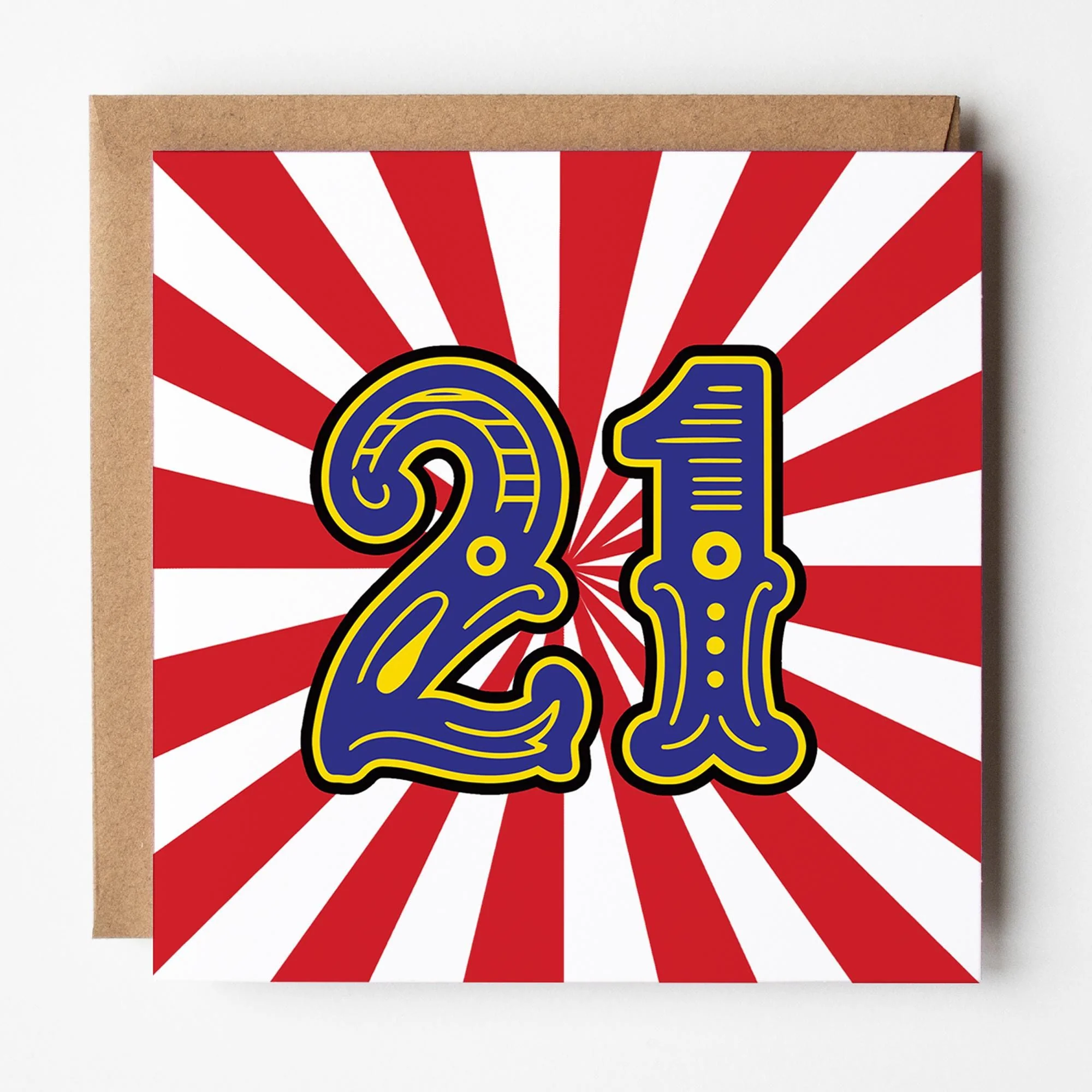 21st Birthday Card: Circus Theme with Kraft Envelope.
