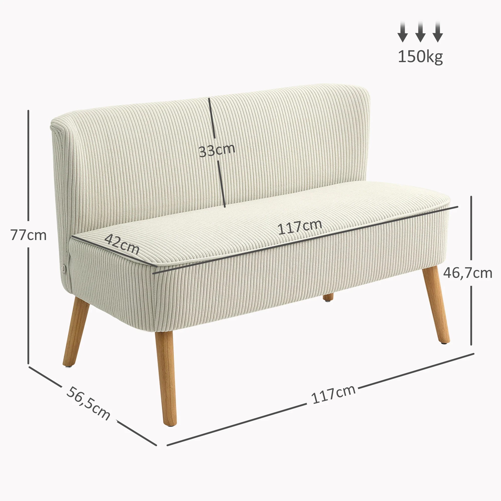 HOMCOM Tweezitsbank, Zachte Bekleding, Onderhoudsvriendelijk, Tot 150 kg Belastbaar, 117 x 56,5 x 77 cm, Crème Wit