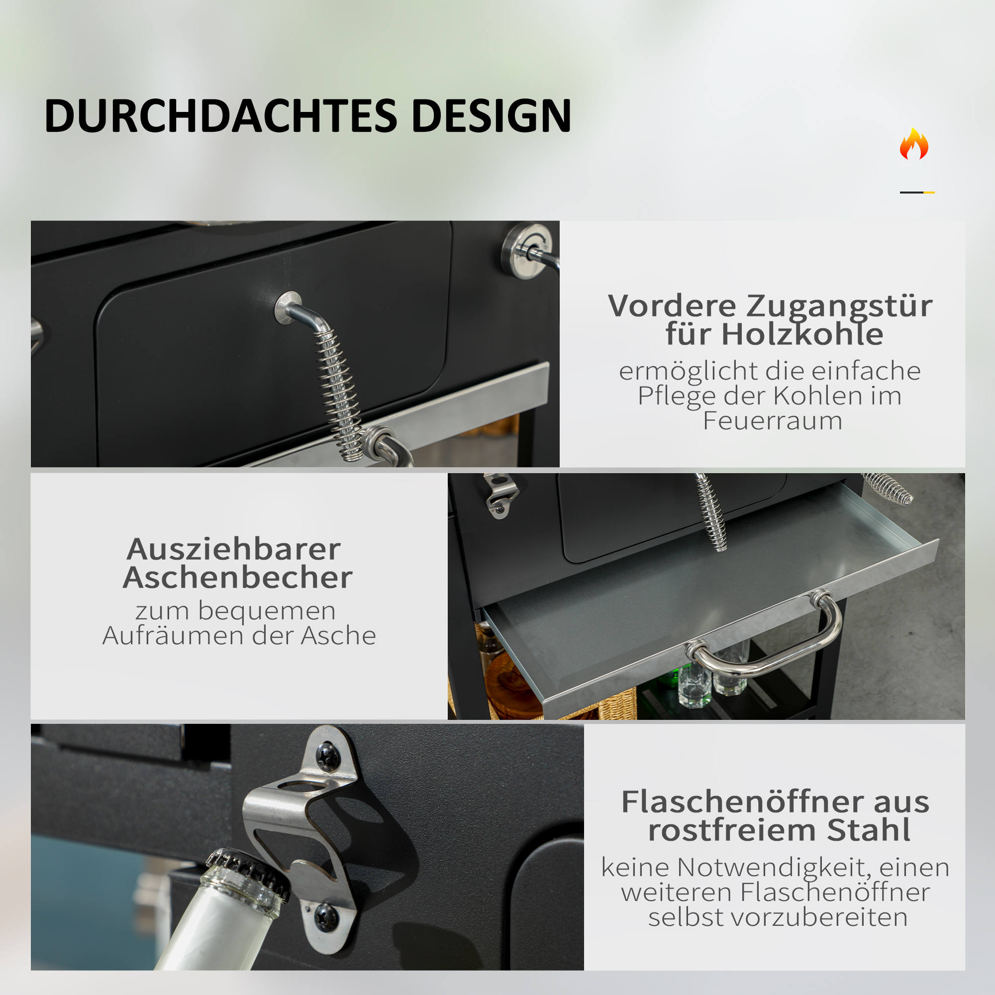 Outsunny Kolenbarbecue BBQ-grill Smoker, inclusief thermometer, flesopener, 120 x 64 x 114 cm, Zwart