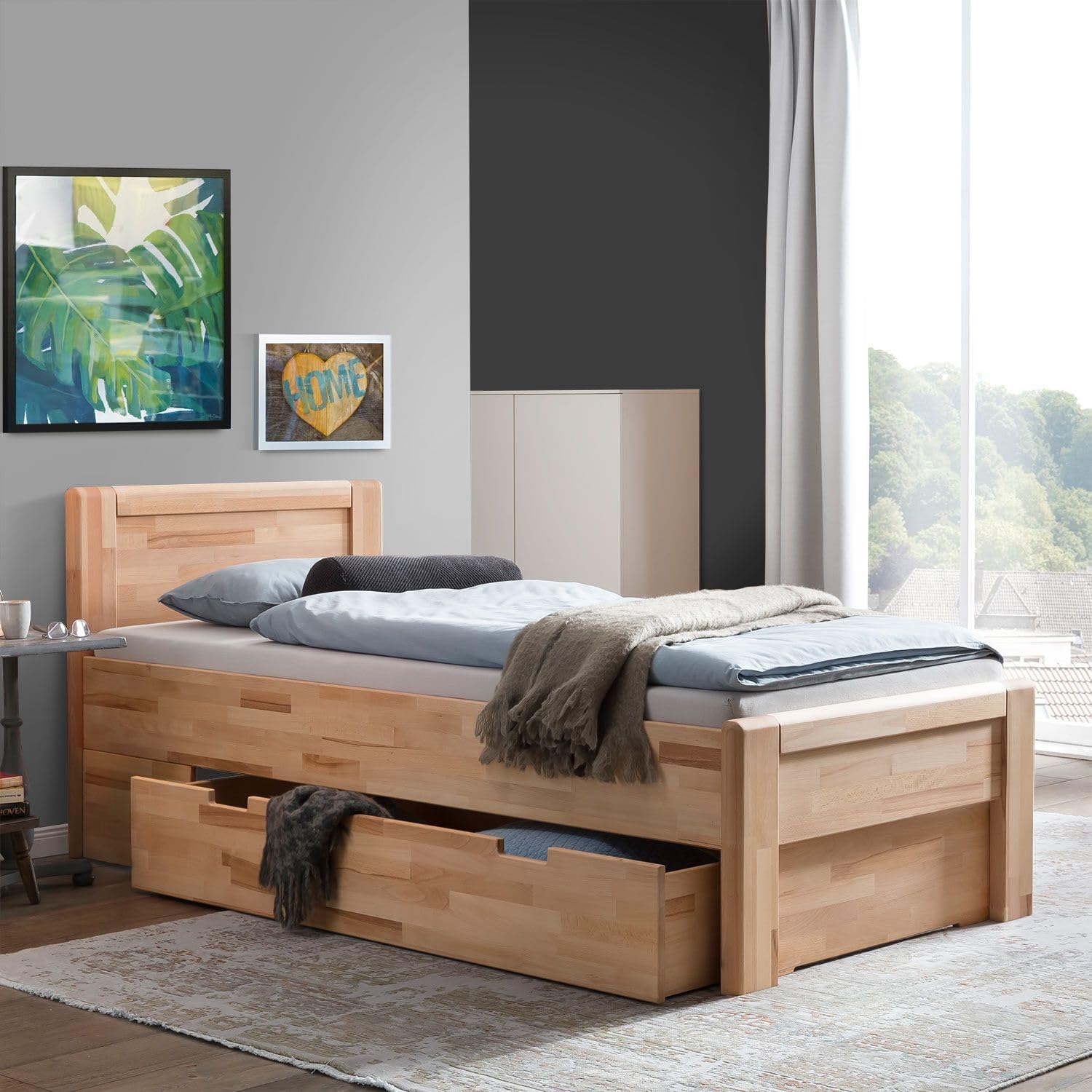 Ewen Seniorenbett Massivholz 90x200 cm mit Schubkasten Komforthöhe aus geölter Kernbuche, Natur, mit Auflageleisten, 48 cm Einstiegshöhe, Belastbarkeit: 160 kg, Bettgestell