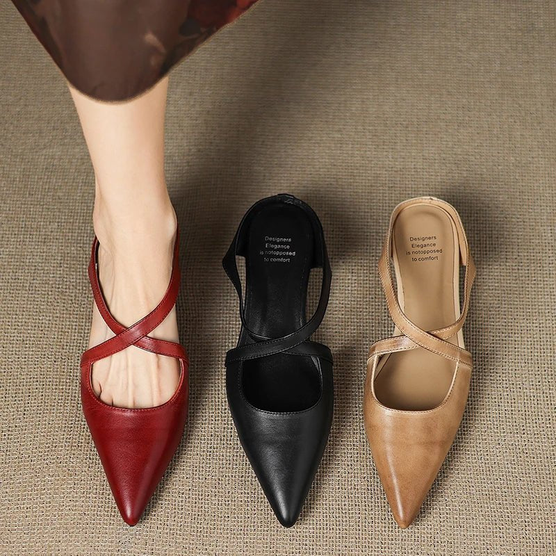 Women��s Leather Mules Pointed-Toe Cross-Strap Design with Low Heel