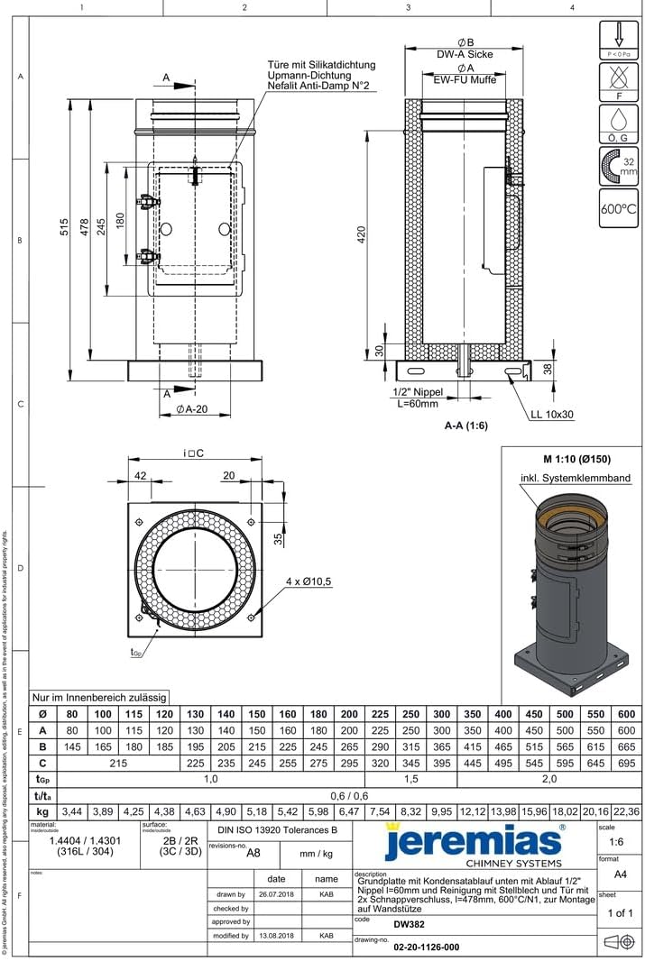 Jeremias DW-FU 200mm Doppelwand Edelstahl Revisionselement Design Plus mit Grundplatte und Kondensatablauf Innenbereich bis 600°C