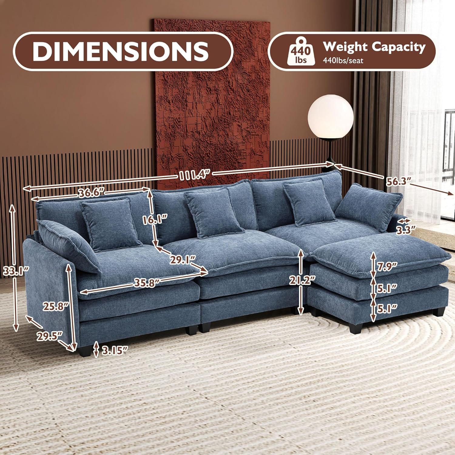 111.4 Inch L-Shaped Modern Sofa Modular Cloud Sofa Ottoman 4-Seater Chenille Deep Seat Sofa
