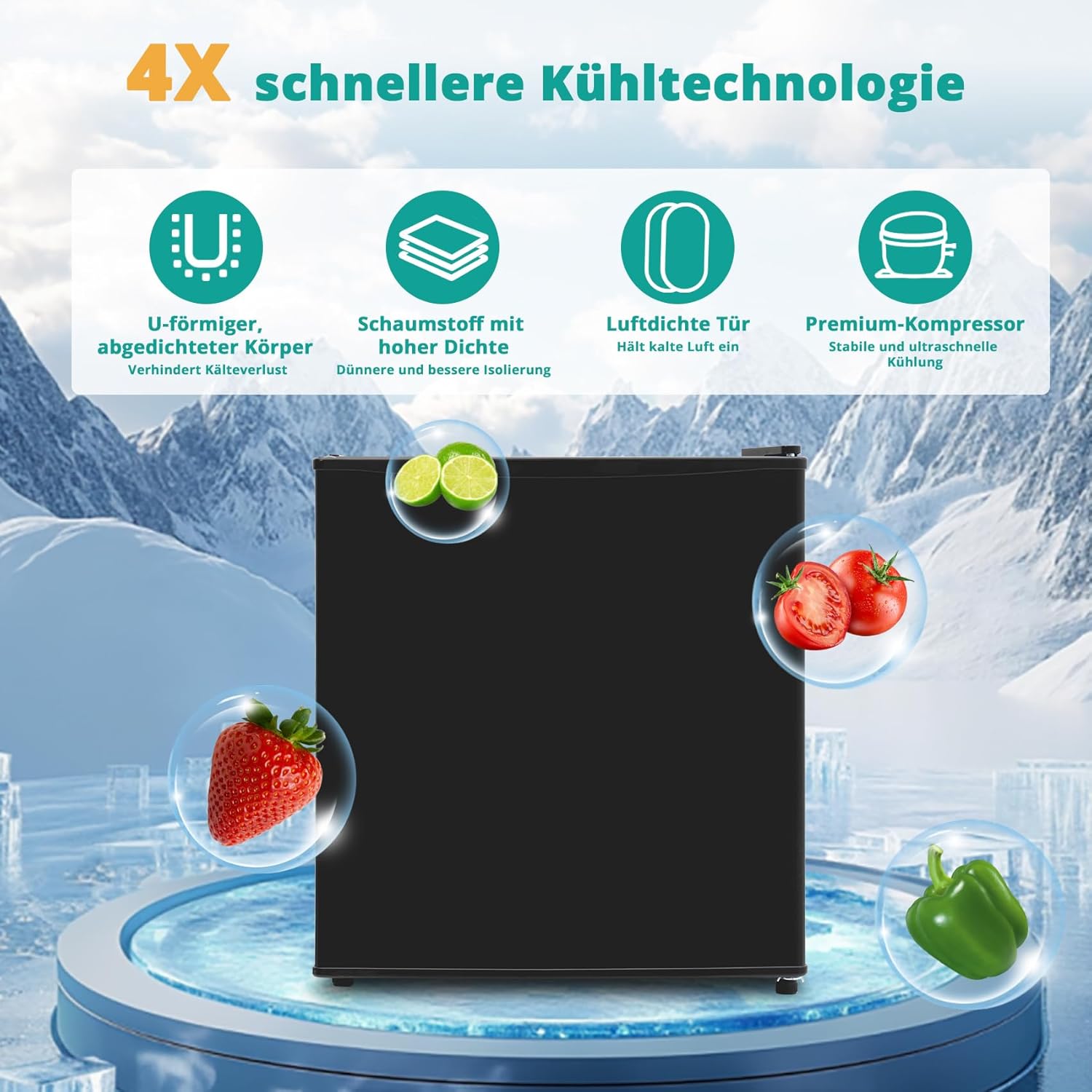 SMETA Mini kühlschränke 45L, Getränkekühlschrank klein 230V, Leise Tischkühlschrank für Büro, Camping, Schlafzimmer & Hotel mit Umkehrbarer 6-Stufen Thermostat, 39dB, 0-10℃,Schwarz