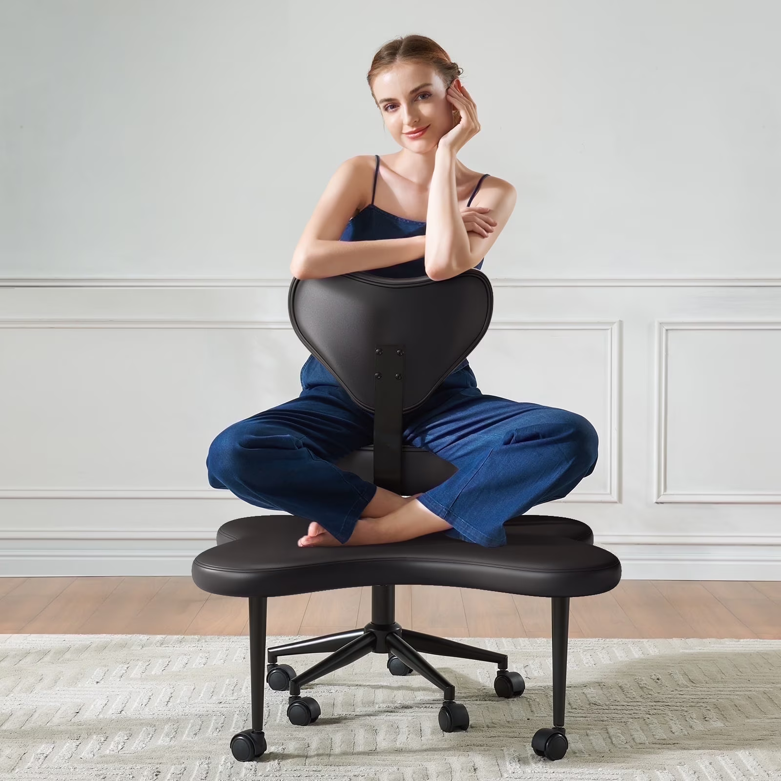 Pinmoco Ergonomic Cross Legged Swivel Chair, Adjustable Height and Teddy Fabric, Meditation& ADHD Chair with Back Support, Home and Office, Off White