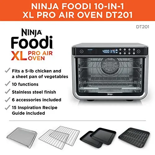 Ninja DT201 Foodi 10 az 1-ben XL Pro Air Fry digitális, pulton elhelyezhető, konvekciós kenyérpirító sütő dehidratáló és újramelegítő funkcióval, 1800 W, rozsdamentes acél kivitel, ezüst