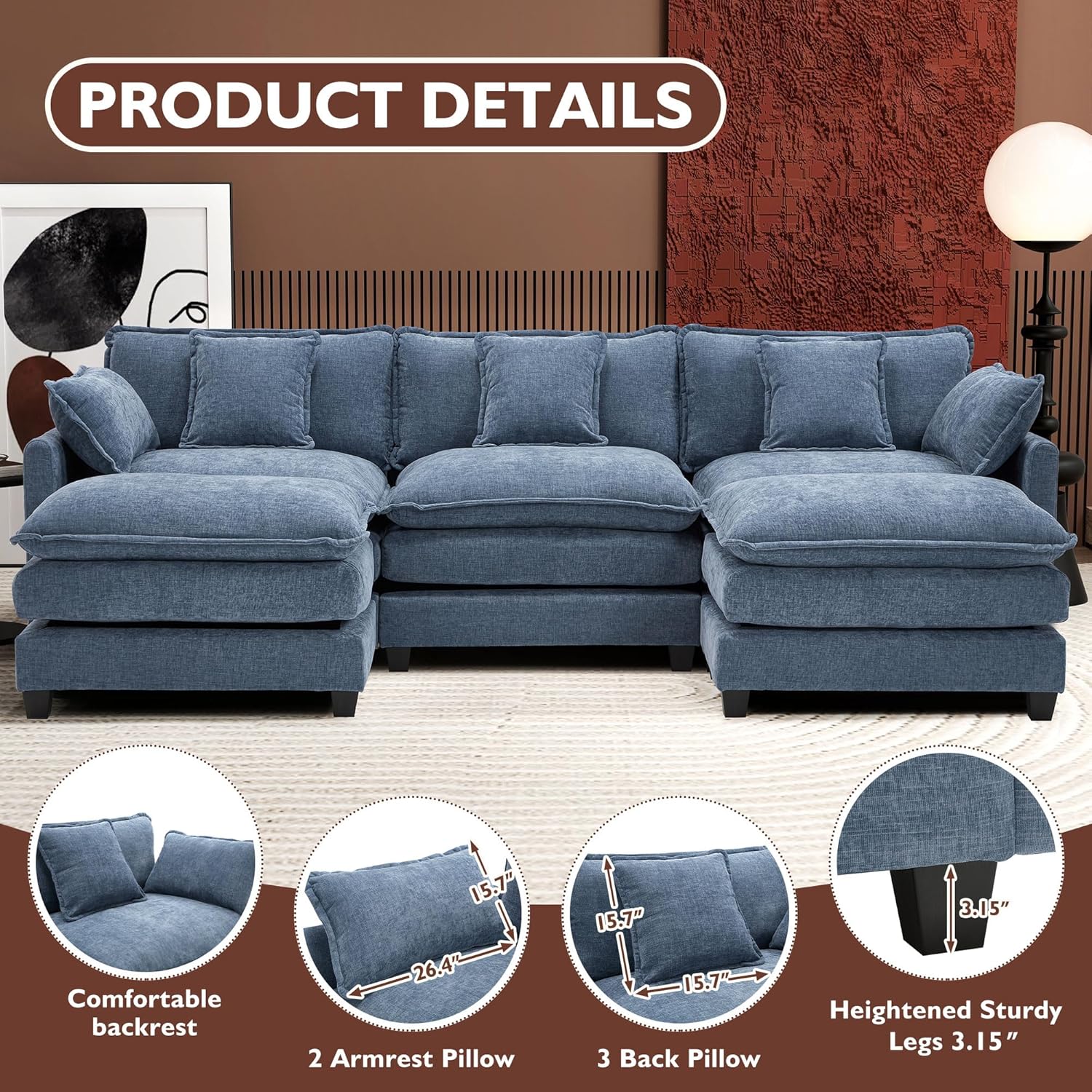 111.4 Inch L-Shaped Modern Sofa Modular Cloud Sofa Ottoman 4-Seater Chenille Deep Seat Sofa