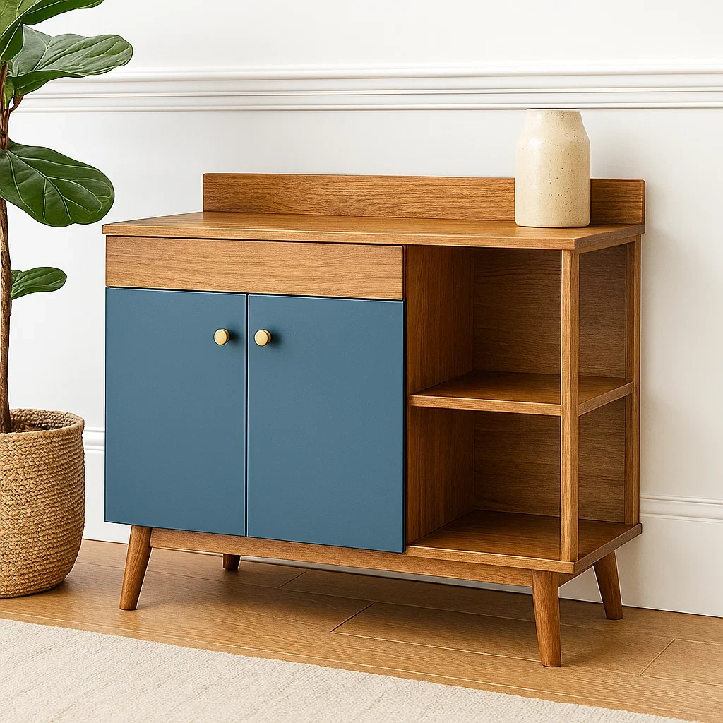 Rektangulr kkken med hylder og MDF-skab, eg og bl farve, uden hjul, 100x40x85 cm, til almindeligt kkken. - VxsES9DwARkS