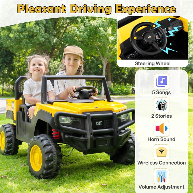 24V 4WD 2-Seater Ride on Dump Truck Licensed Caterpillar Electric Vehicle with Remote Control & Soft Start, Kids Ride On UTV Car with Dump Bed