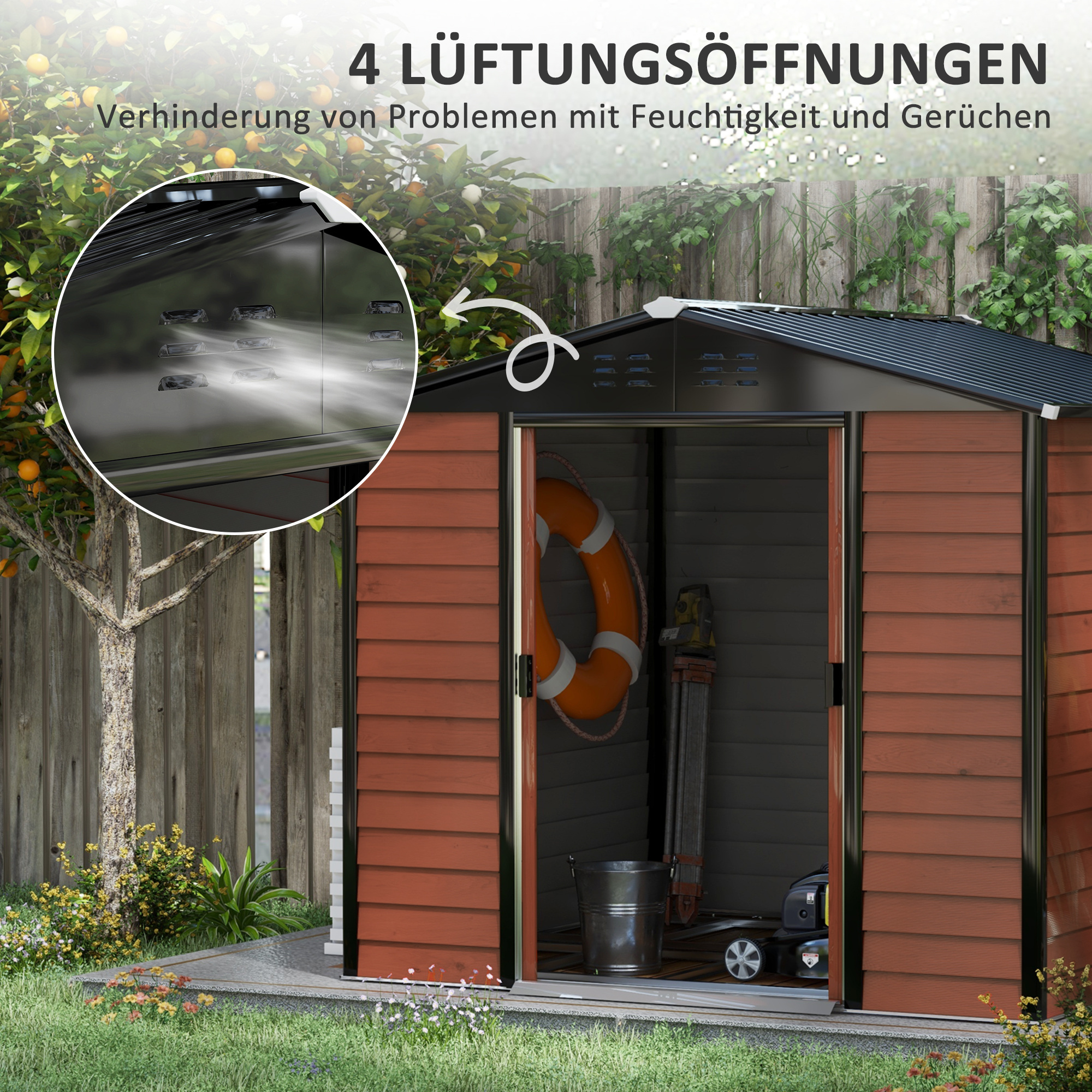 Outsunny Metalen Tuinschuur, Weerbestendig & Roestvrij, Afsluitbaar, 2,40 x 2,06 x 1,98 m, Teak
