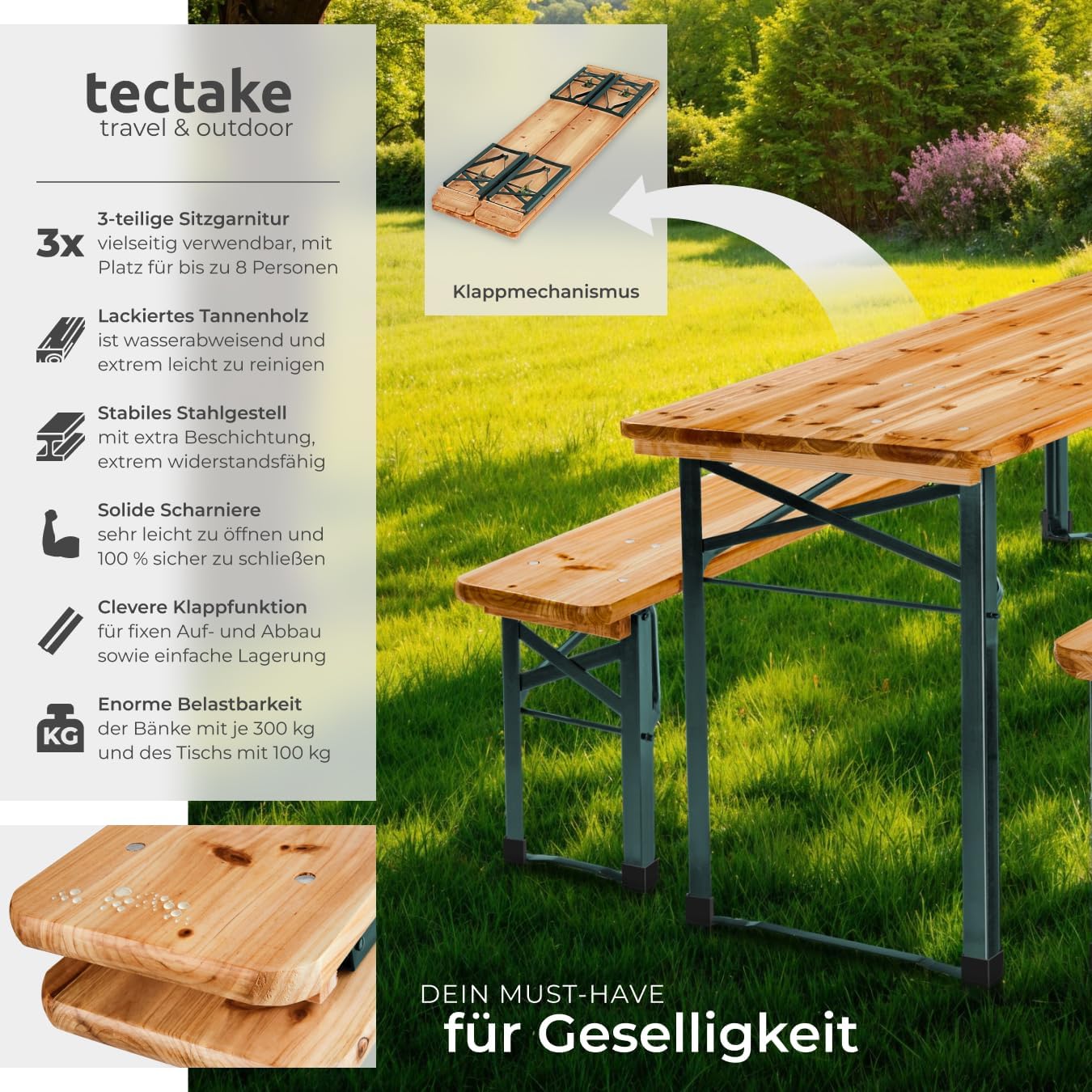 tectake® Bierzeltgarnitur klappbar, Biertisch Klapptisch mit 2X Bierbank, Gartenmöbel Set, Camping Zubehör, Klapptisch Esstisch, Camping Tisch faltbar, Balkontisch, Campingtisch klappbar