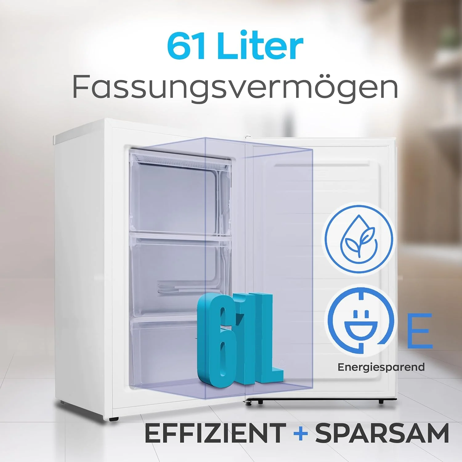 Heinrich´s Gefrierschrank 61Liter -18°C Freezer, 3x Gefrierschublade, 7 Stufen Temperaturregler, Airflow, wechselbarer Türanschlag weiß
