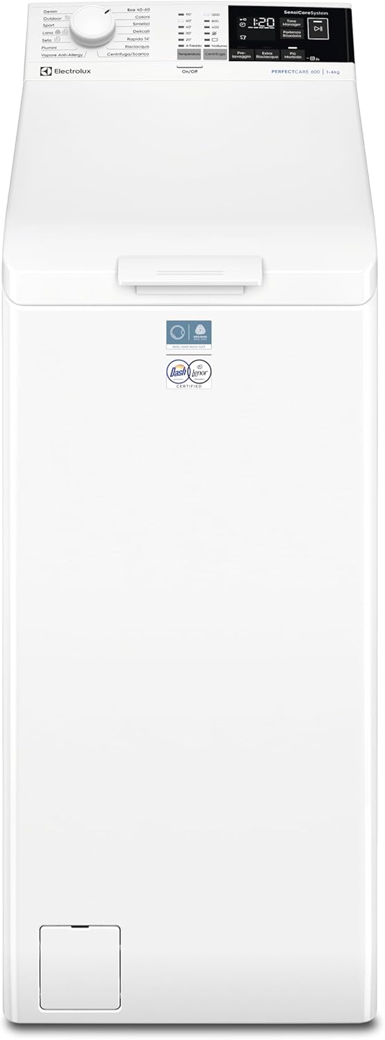 Electrolux Lavatrice a Carica Dall’Alto Serie 600 SensiCare 6 kg EW6T426A – Motore Inverter, Programma Vapore Anti-Allergy, Apertura Soft Opening, Display Touch, Classe Energetica A