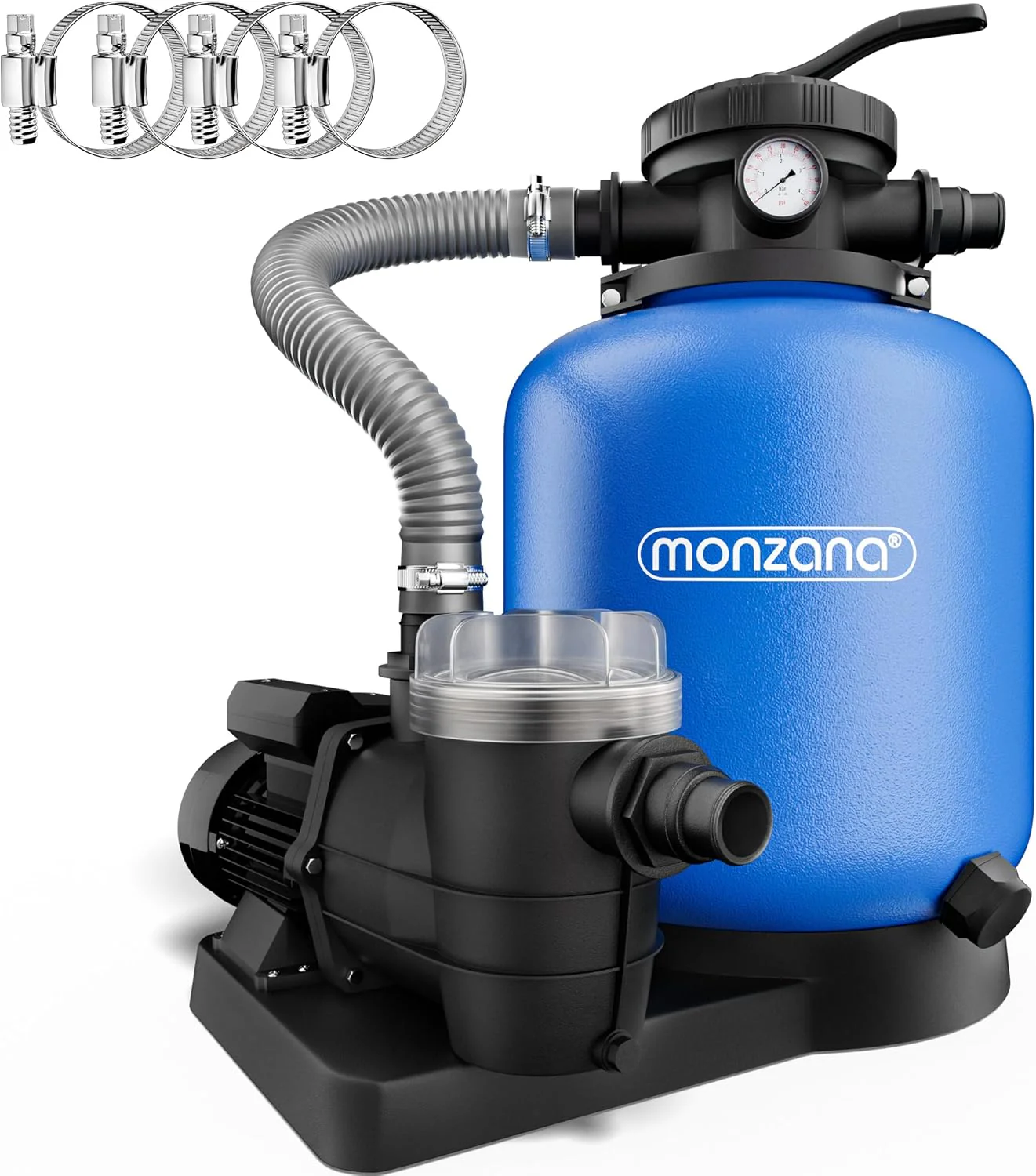 MONZANA® homokszűrő rendszer 13.200L/h, akár 58.000L medencéhez, előszűrő, 7-utas szelep, 600W, 30L tartály, 2in1 adapter Ø32-38mm, szűrőrendszer medenceszűrő homokszűrő