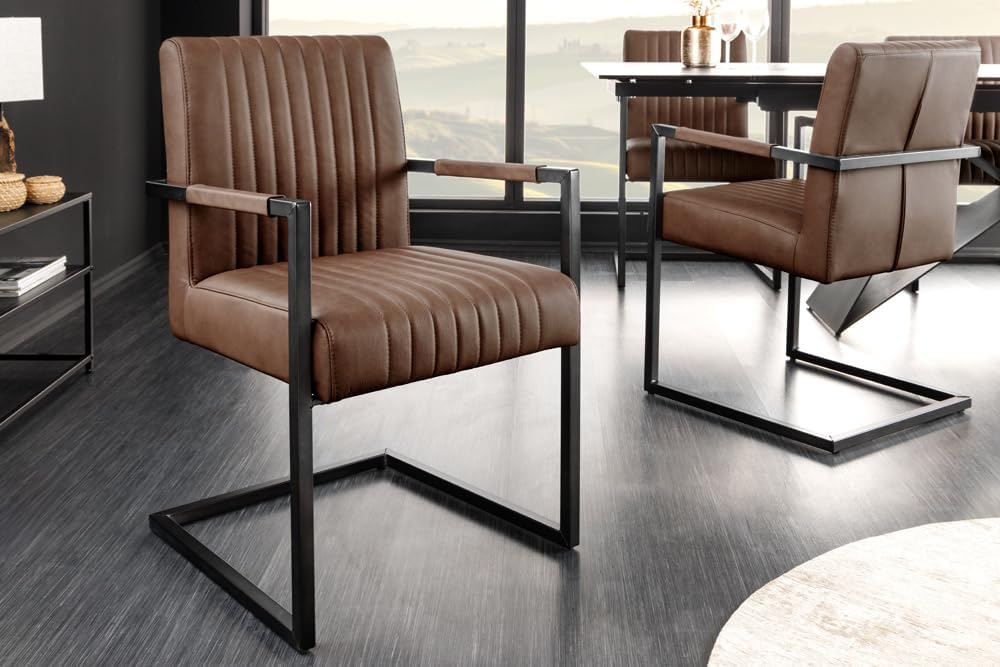Riess Ambiente Moderner Freischwinger Stuhl Big Aston Echtleder - Vintage braun schwarz - Federkern Metall Esszimmerstuhl Ziersteppung