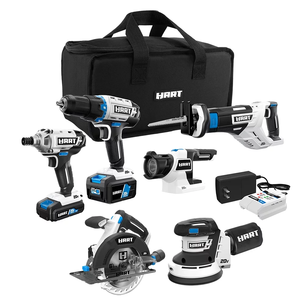 Kit combinato HART da 20 volt con 6 utensili senza fili (1) batterie agli ioni di litio da 4,0 Ah (1) e 1,5 Ah - MadeInUSA