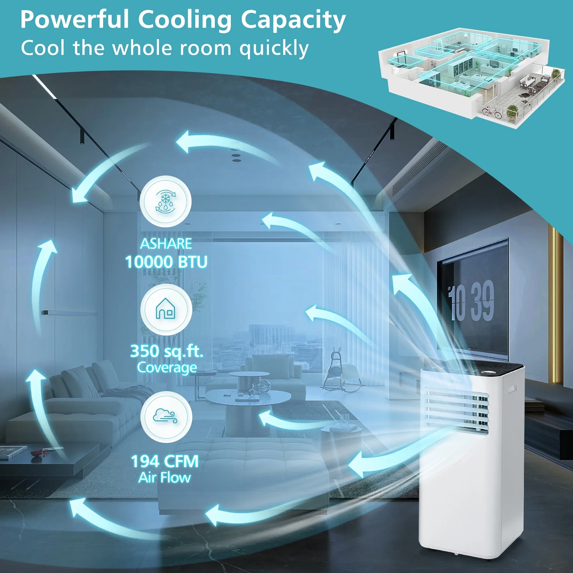 10000 BTU Portable Air Conditioner 3-in-1 Air Cooler with Fan Dehum Sleep Mode