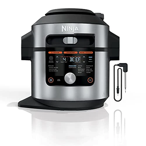 Ninja OL701 Foodi 14 az 1-ben SMART XL 8 literes kukta és gőzsütő SmartLid fedéllel és hőmérővel, automata gőzkioldóval, légsütés, kelesztés és még sok más funkcióval, 3 rétegű kapacitás, 5 literes ropogós kosár, ezüst/fekete