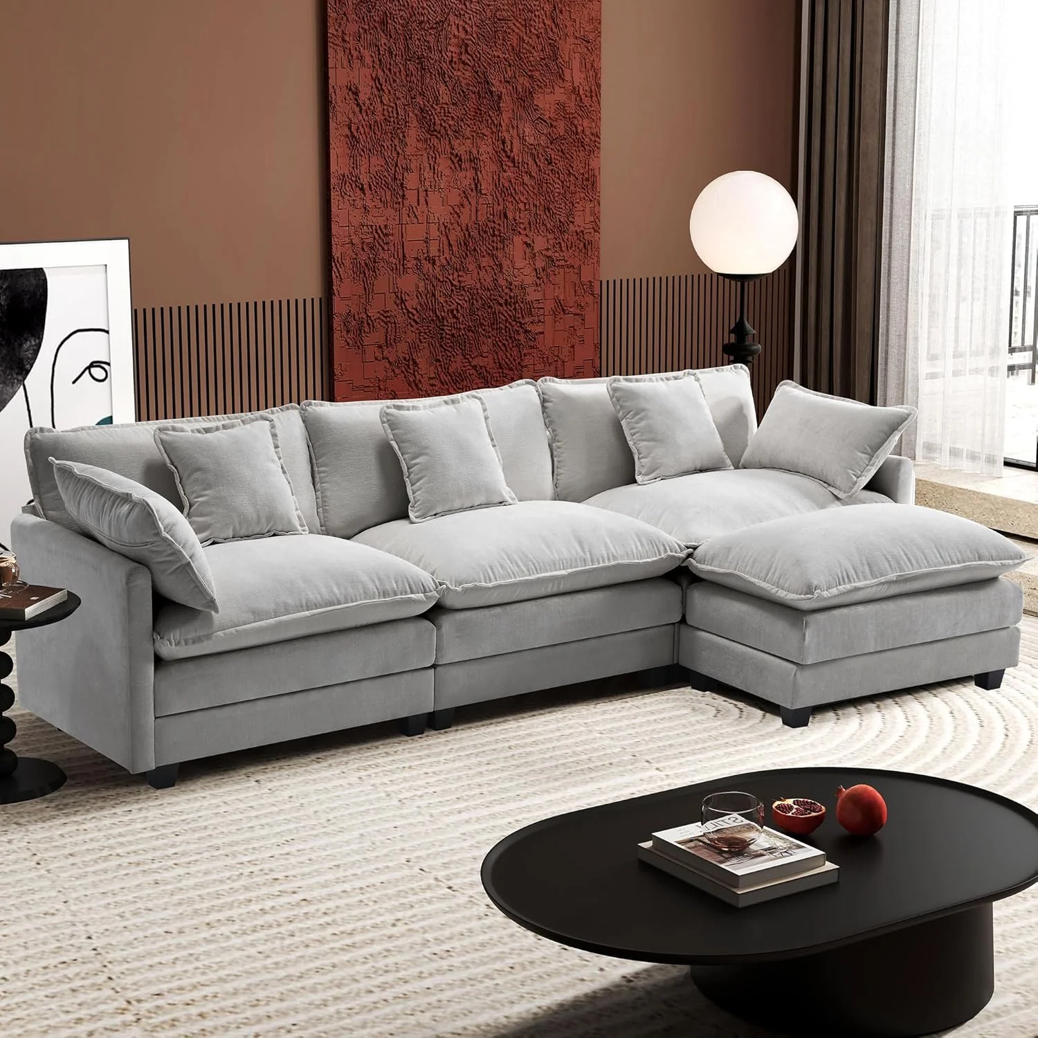 111.4 Inch L-Shaped Modern Sofa Modular Cloud Sofa Ottoman 4-Seater Chenille Deep Seat Sofa