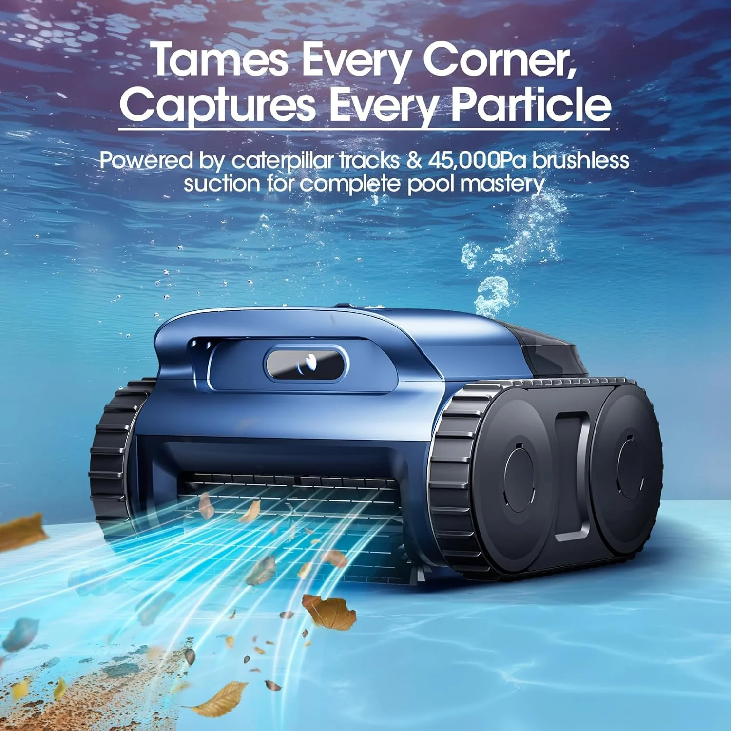 Akkumulátoros robotmedence-porszívó, medencetisztító lánctalpas meghajtással és szonár navigációval, 180 W-os kefe nélküli motorral, fal- és vízvonalmászással, 150 perces üzemidővel, földbe süllyesztett és föld feletti medencékhez, 200 m² (sötétkék)