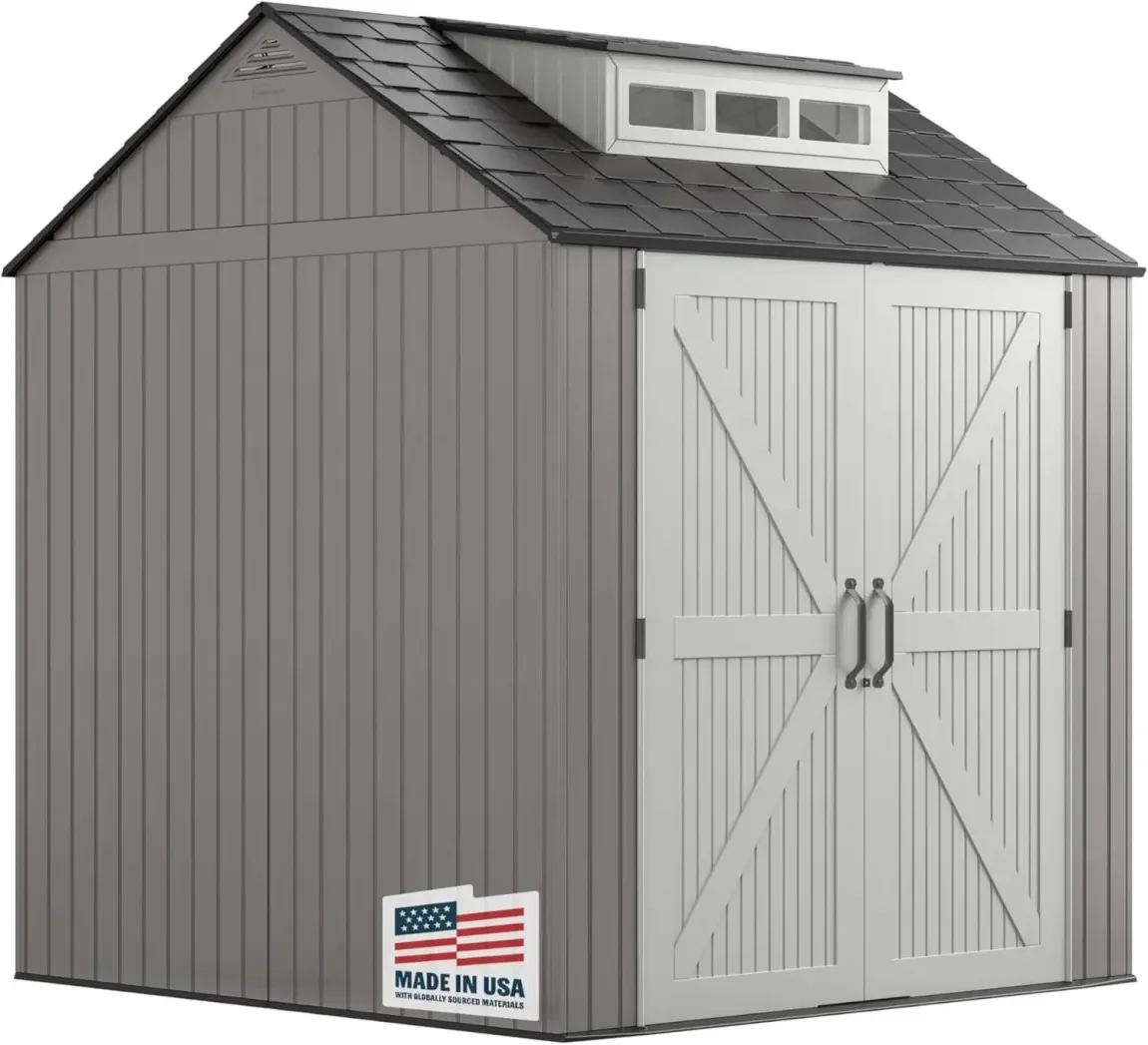 Rubbermaid resin garden shed with floor (2.13 x 2.13 m), weatherproof, grey, for storing garden tools, lawnmowers, bicycles and pool accessories