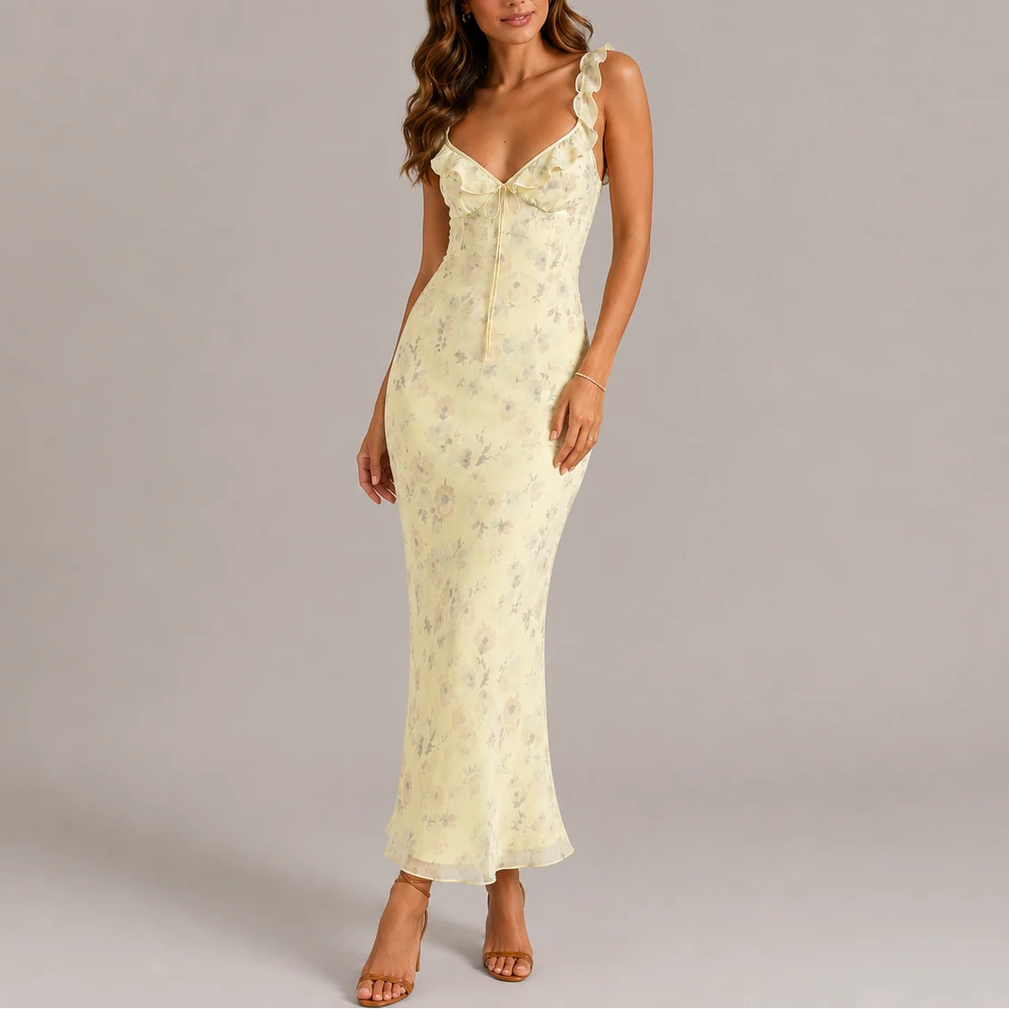 Womena??s Floral Maxi Dress with Ruffle Straps and Tie Front