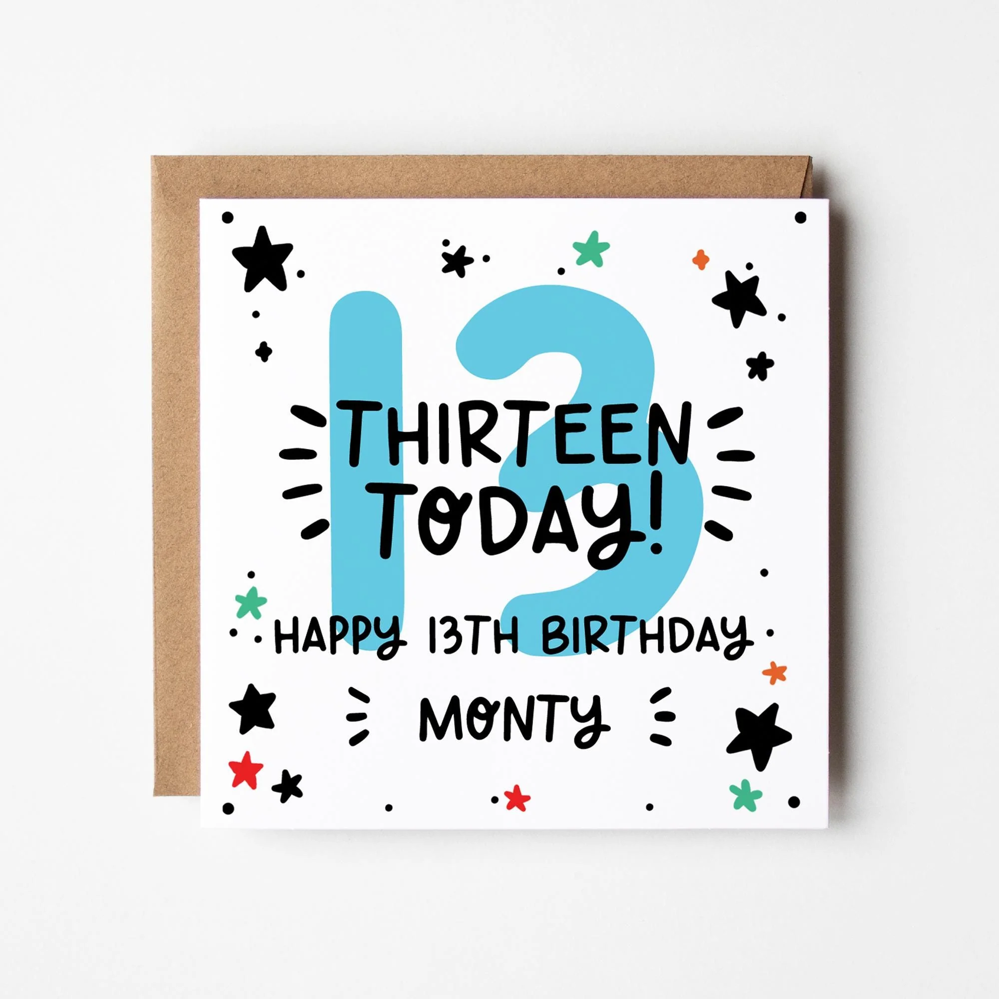 Personalised Birthday Card, 11th to 15th Birthday Number Card with Kraft Envelope
