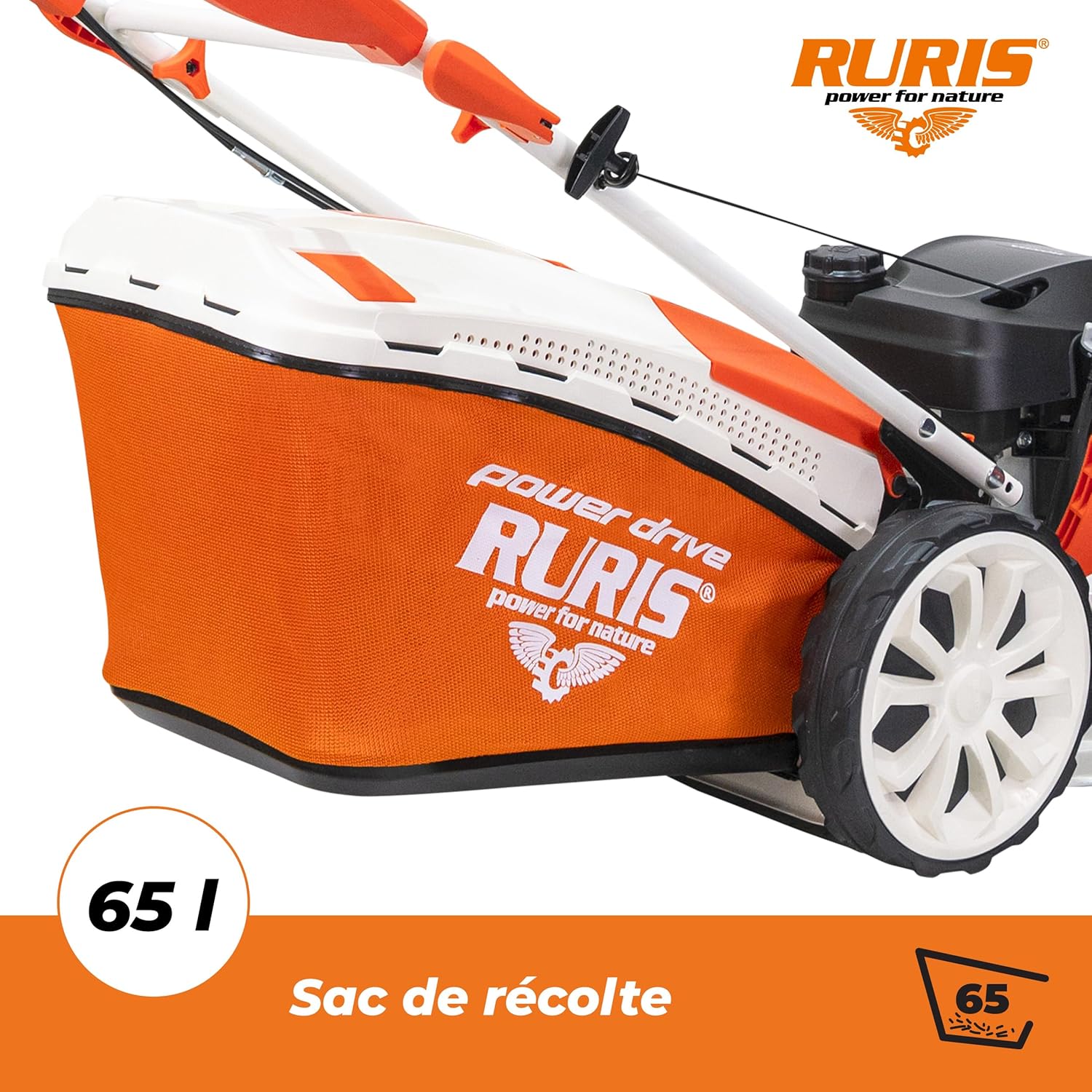 RURIS Power for Nature Tondeuse à Gazon Thermique RX555s Moteur Honda 5,2 CV, 202cc, 530mm, Sac 65l, propulsee Automatique, 5 in 1: Ramassage, Éjection Arrière et Latérale, Mulching, Nettoyage
