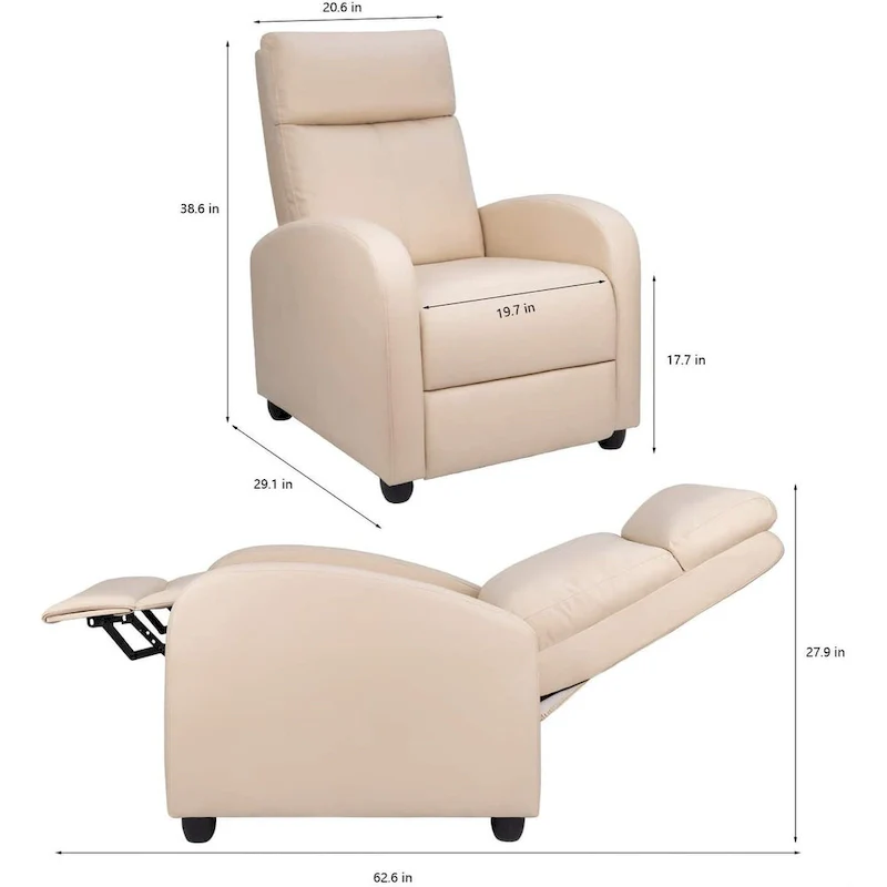 PU Leather Push-Back Recliner Chair, Brown / Black / Grey / Khaki / Red / Beige, Single