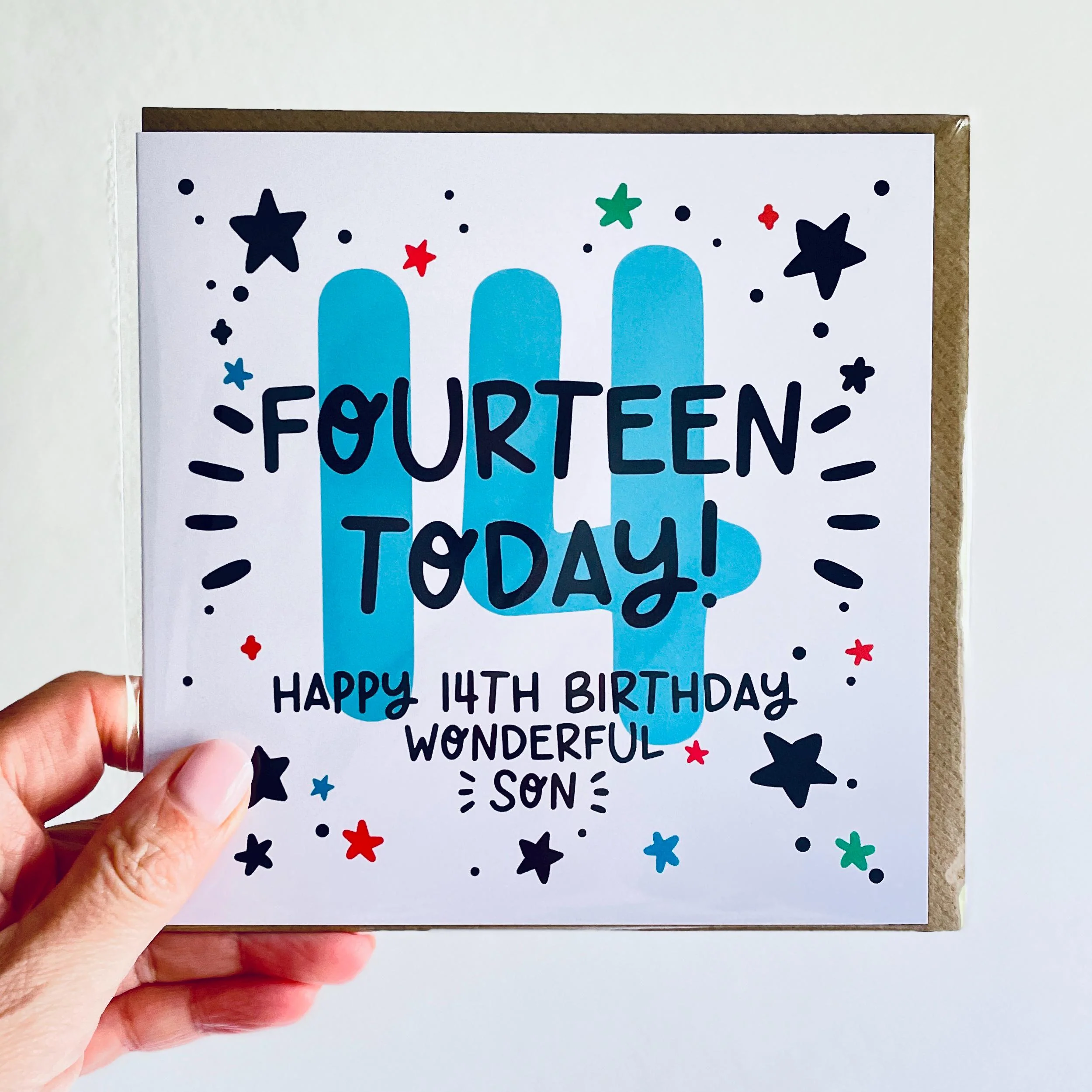 Son 14th Birthday Card: Fourteen Today with Stars and Kraft Envelope
