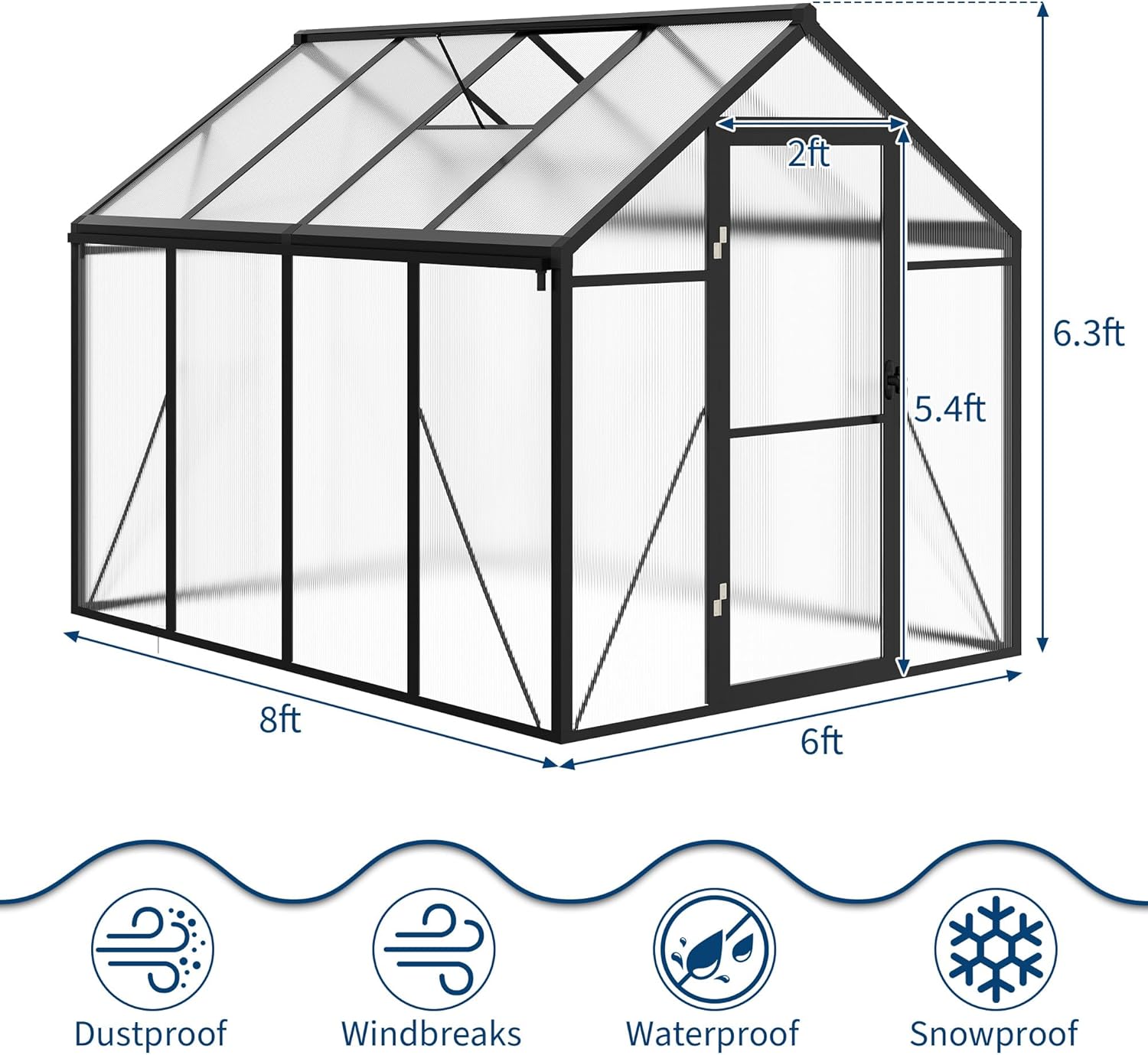 6 x 8 ft Greenhouse  Greenhouses for Outside  Polycarbonate Greenhouse with Aluminum Frame  Lockable Door and Ajustable Roof Vent for Backyard  Green Houses for Outside Garden Backyard  Patio